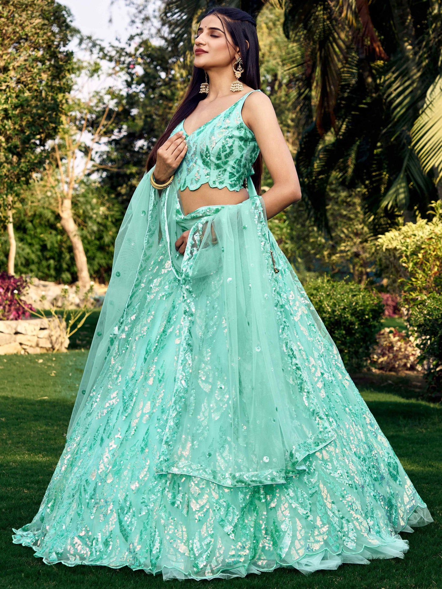 Jyoti Fashion Women's Blue Soft Net Multi Sequins Thread Embroidered Lehenga Choli & Dupatta | Swadesiicart