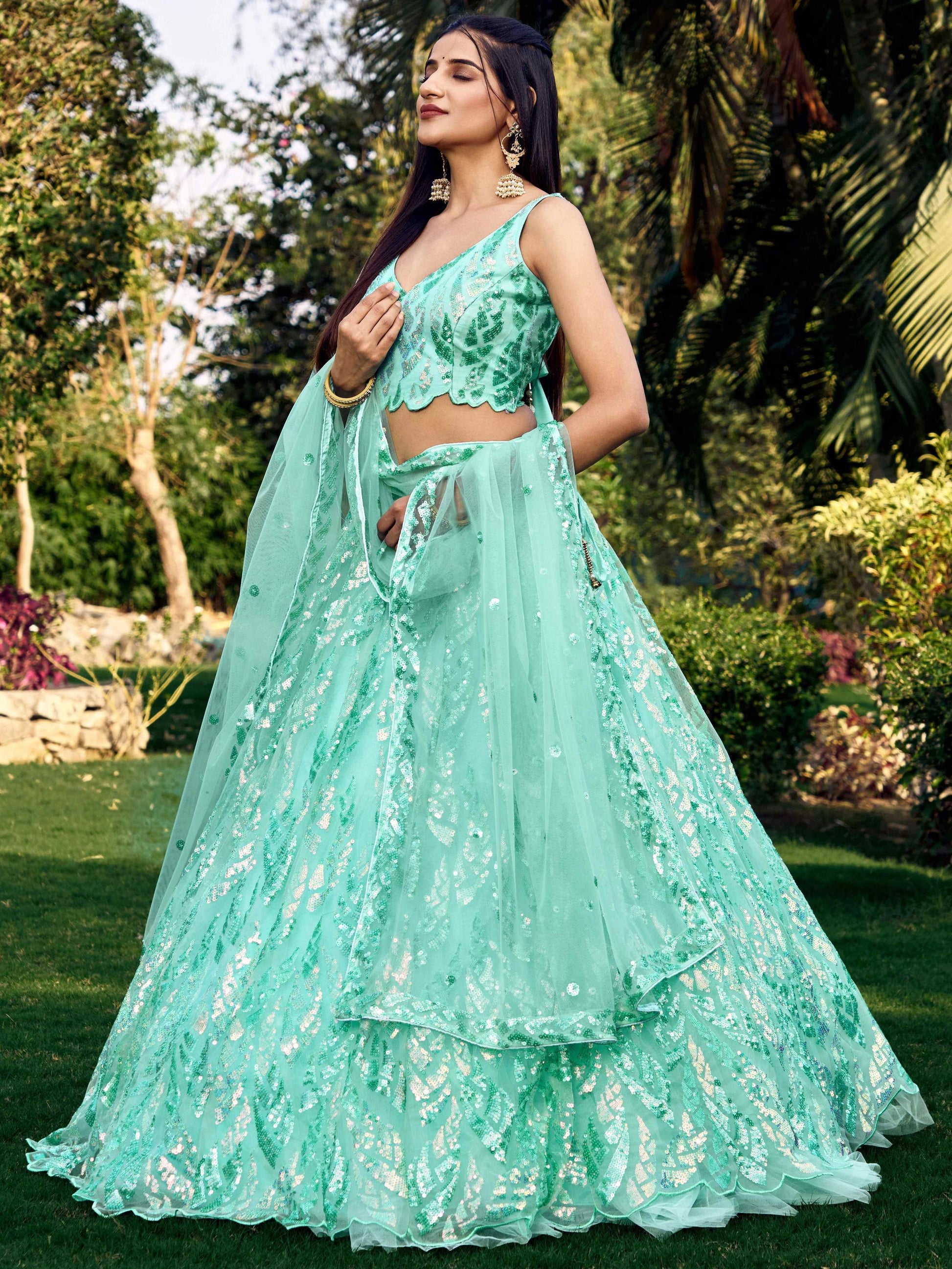 Jyoti Fashion Women's Blue Soft Net Multi Sequins Thread Embroidered Lehenga Choli & Dupatta | Swadesiicart