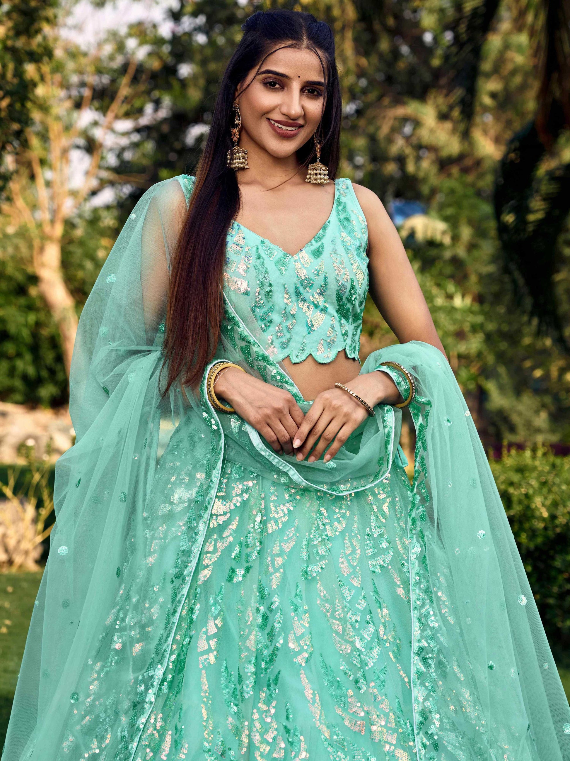 Jyoti Fashion Women's Blue Soft Net Multi Sequins Thread Embroidered Lehenga Choli & Dupatta | Swadesiicart