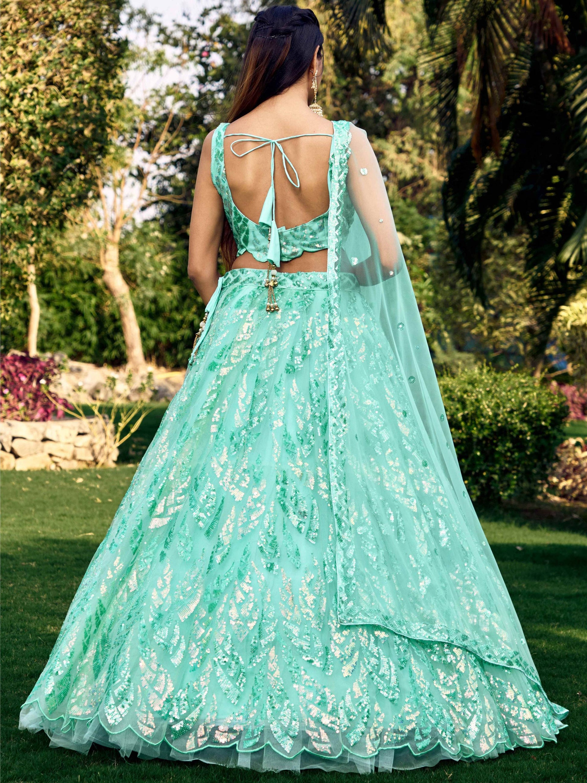 Jyoti Fashion Women's Blue Soft Net Multi Sequins Thread Embroidered Lehenga Choli & Dupatta | Swadesiicart