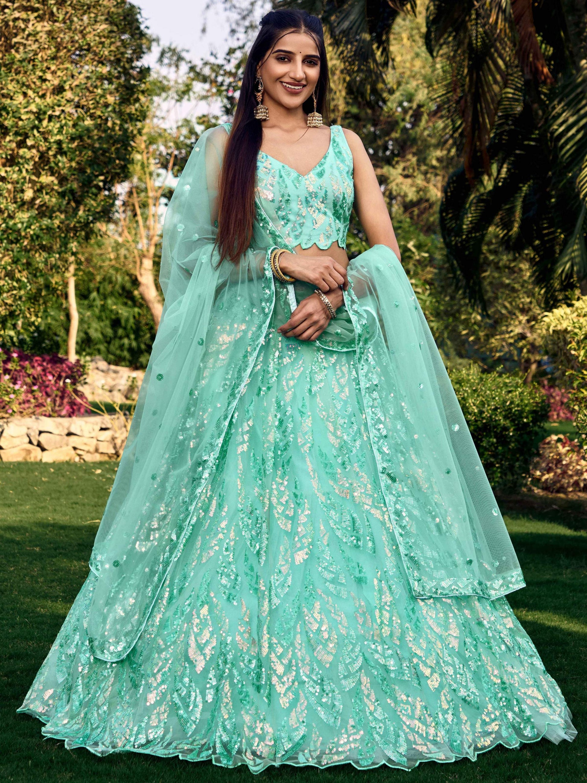 Jyoti Fashion Women's Blue Soft Net Multi Sequins Thread Embroidered Lehenga Choli & Dupatta | Swadesiicart