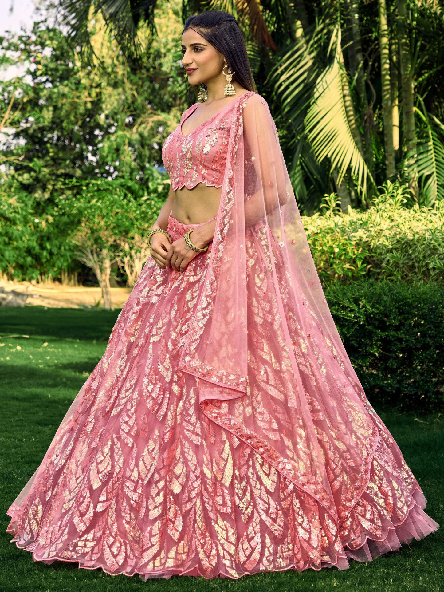 Jyoti Fashion Women's Pink Soft Net Multi Sequins Thread Embroidered Lehenga Choli & Dupatta | Swadesiicart