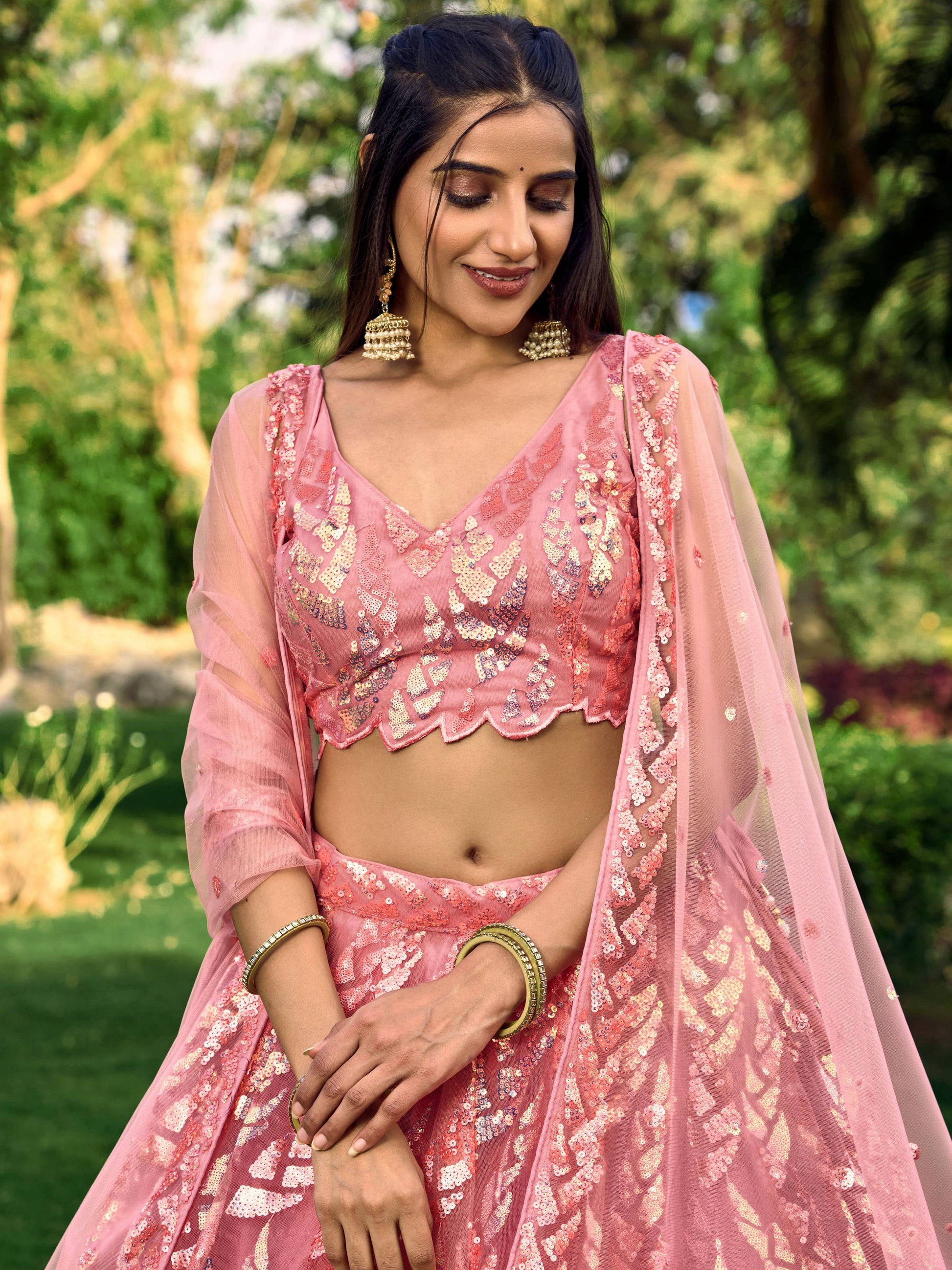Jyoti Fashion Women's Pink Soft Net Multi Sequins Thread Embroidered Lehenga Choli & Dupatta | Swadesiicart