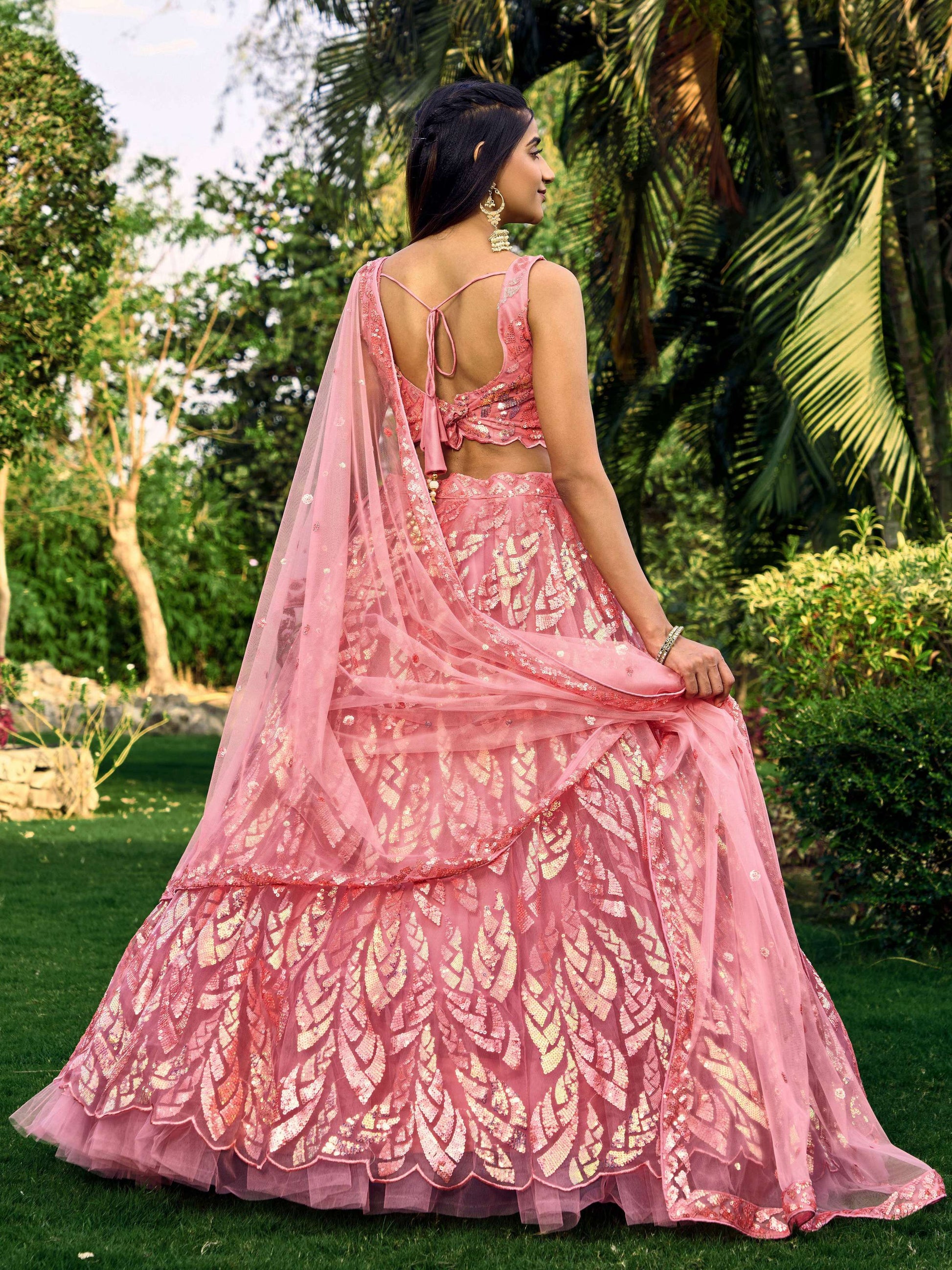 Jyoti Fashion Women's Pink Soft Net Multi Sequins Thread Embroidered Lehenga Choli & Dupatta | Swadesiicart