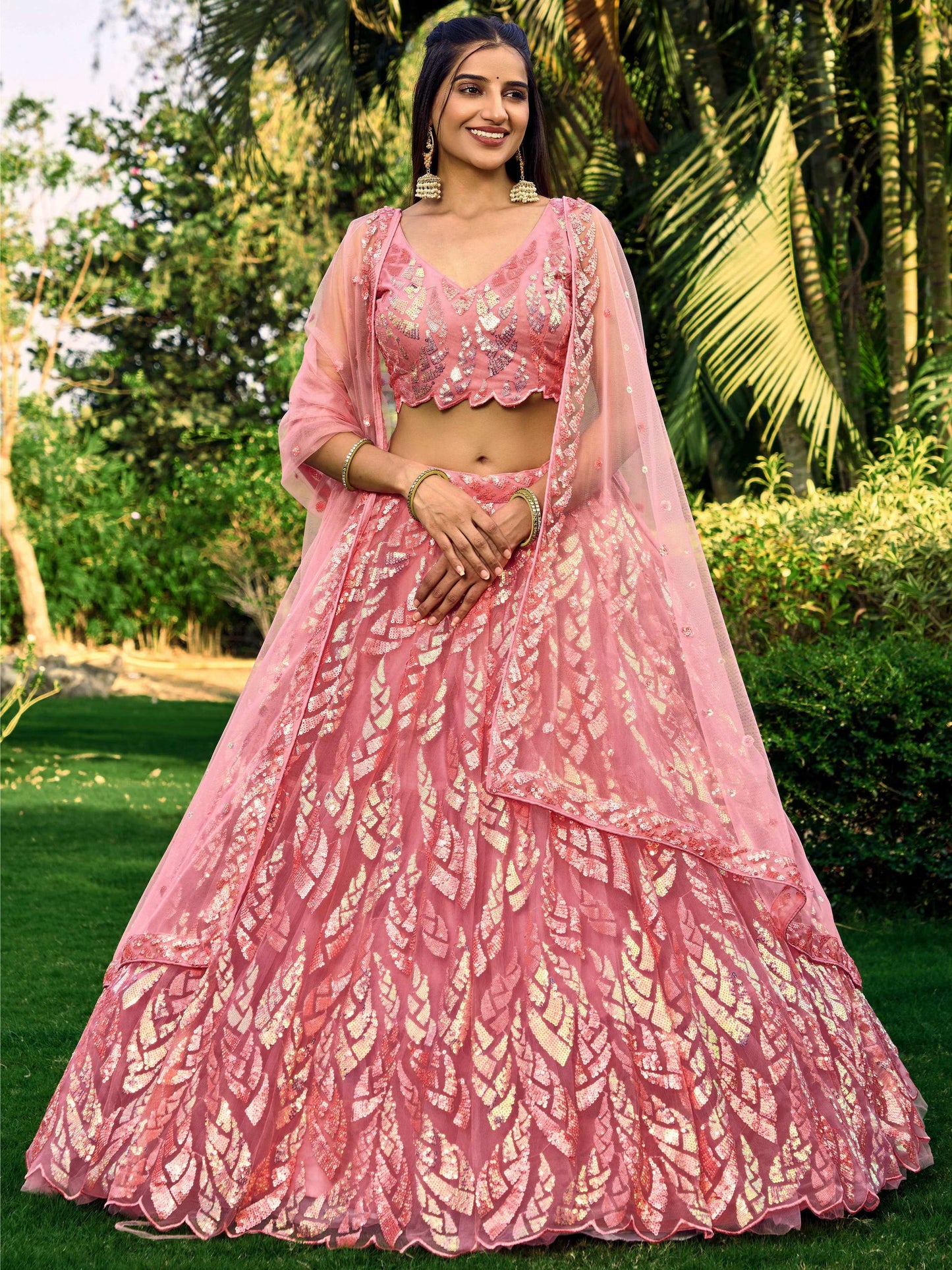 Jyoti Fashion Women's Pink Soft Net Multi Sequins Thread Embroidered Lehenga Choli & Dupatta | Swadesiicart