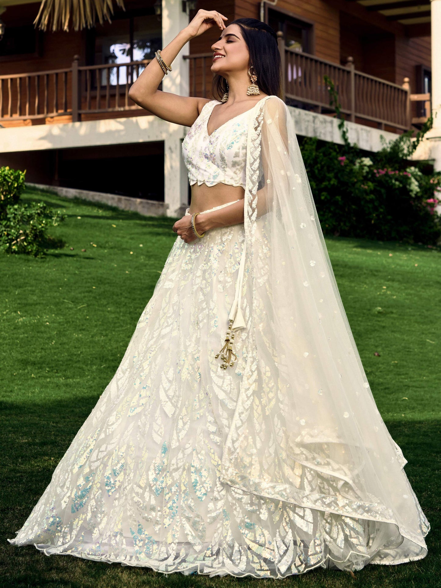 Jyoti Fashion Women's White Soft Net Multi Sequins Thread Embroidered Lehenga Choli & Dupatta | Swadesiicart