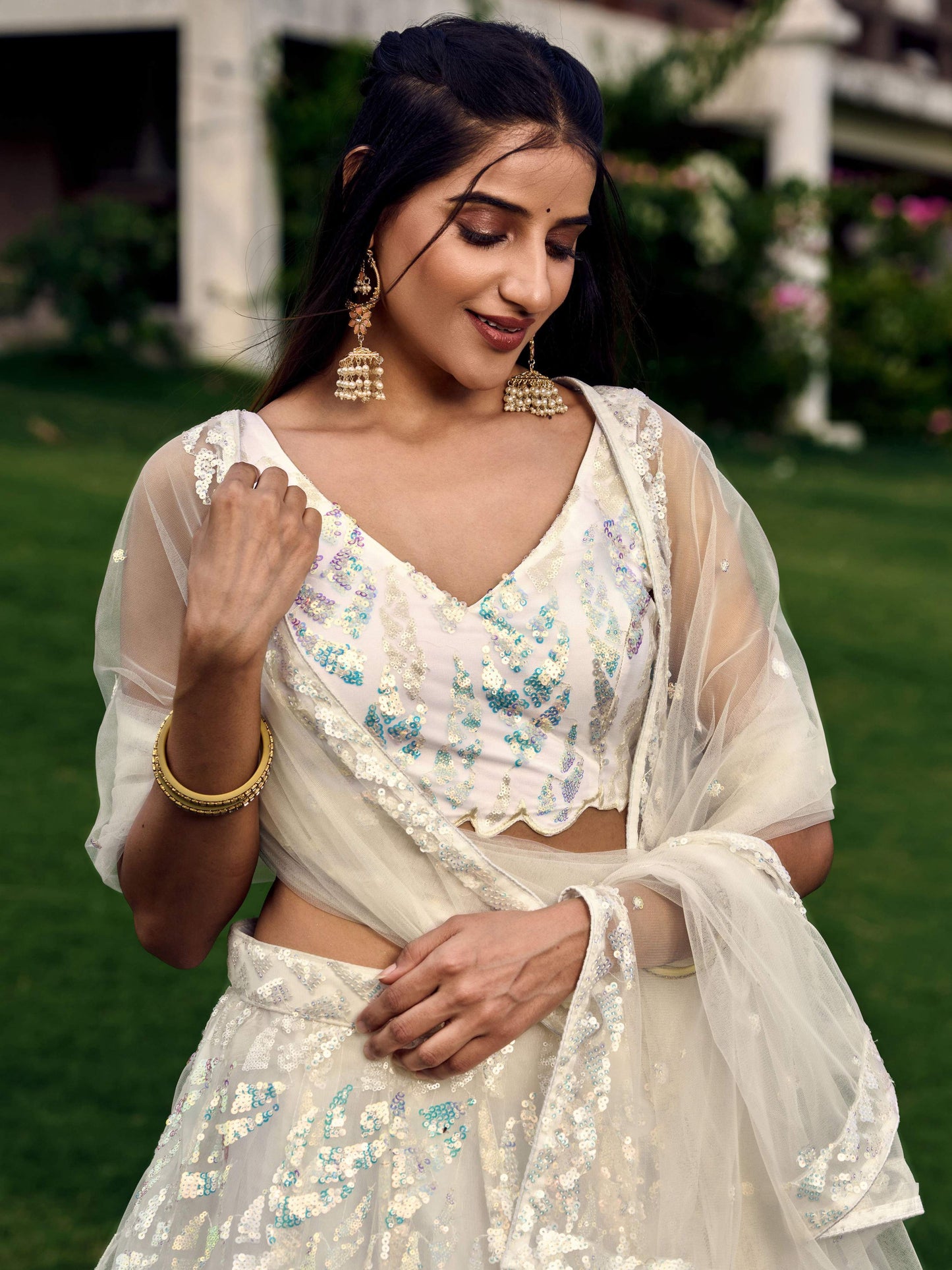 Jyoti Fashion Women's White Soft Net Multi Sequins Thread Embroidered Lehenga Choli & Dupatta | Swadesiicart