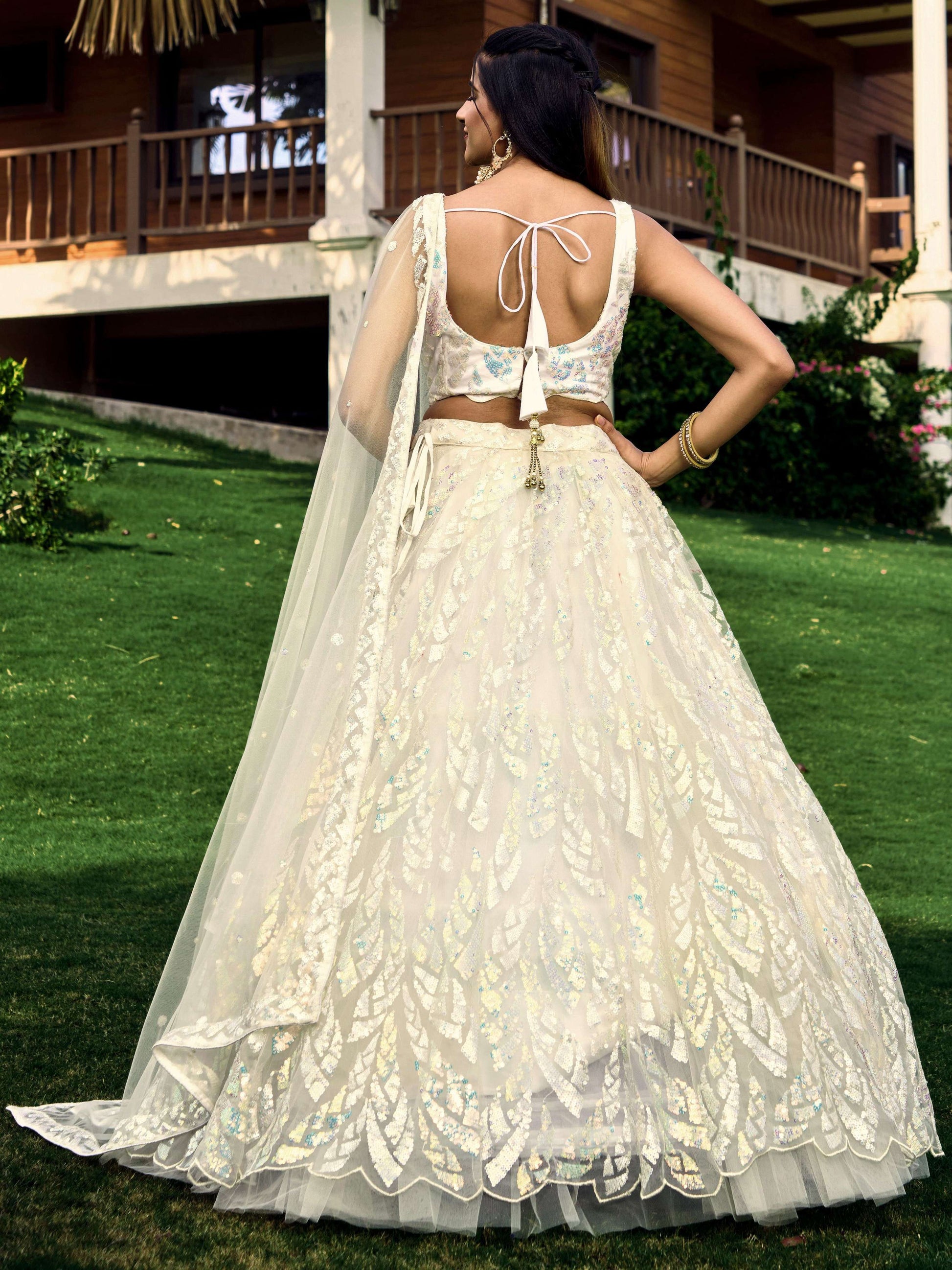 Jyoti Fashion Women's White Soft Net Multi Sequins Thread Embroidered Lehenga Choli & Dupatta | Swadesiicart