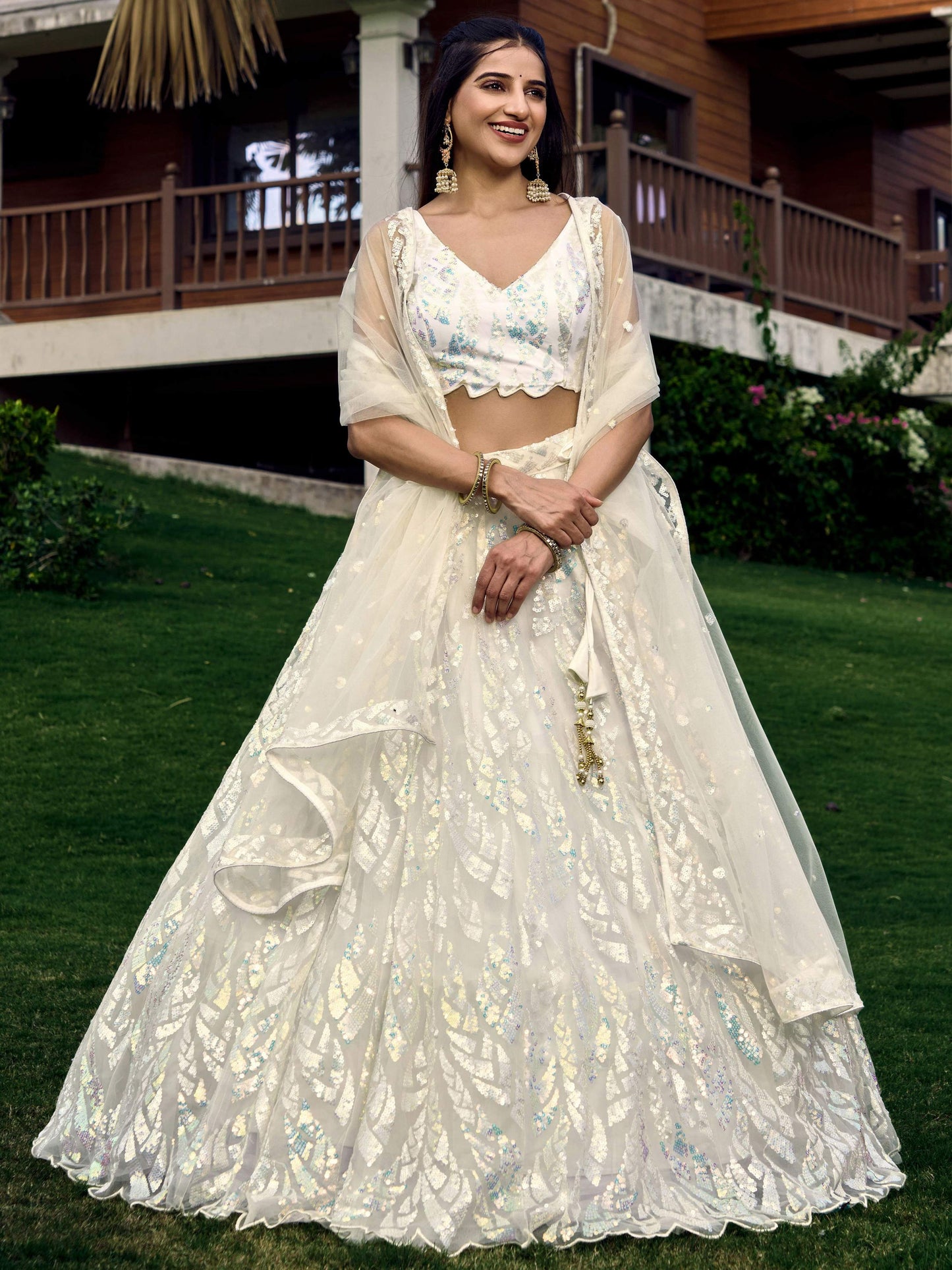 Jyoti Fashion Women's White Soft Net Multi Sequins Thread Embroidered Lehenga Choli & Dupatta | Swadesiicart