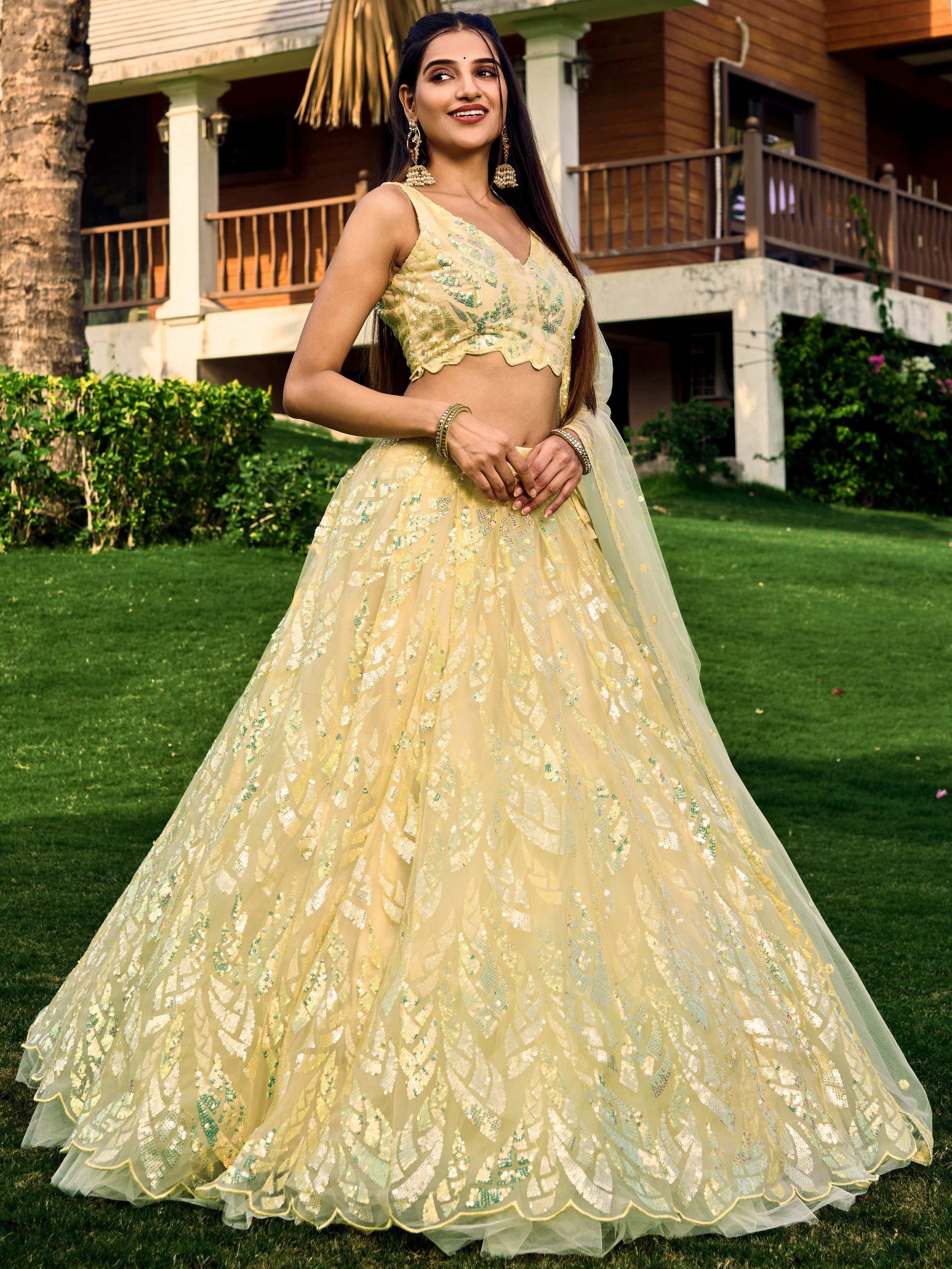 Jyoti Fashion Women's Yellow Soft Net Multi Sequins Thread Embroidered Lehenga Choli & Dupatta | Swadesiicart