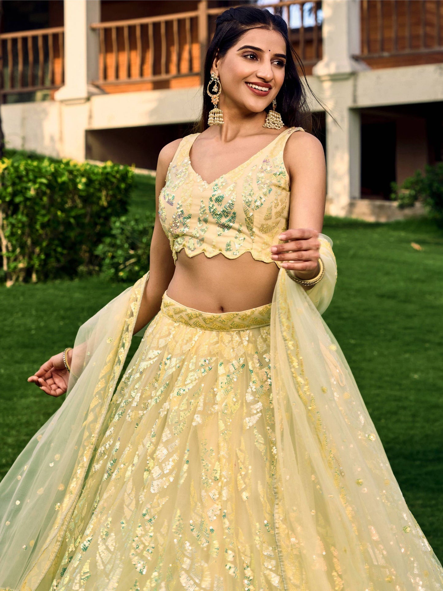 Jyoti Fashion Women's Yellow Soft Net Multi Sequins Thread Embroidered Lehenga Choli & Dupatta | Swadesiicart