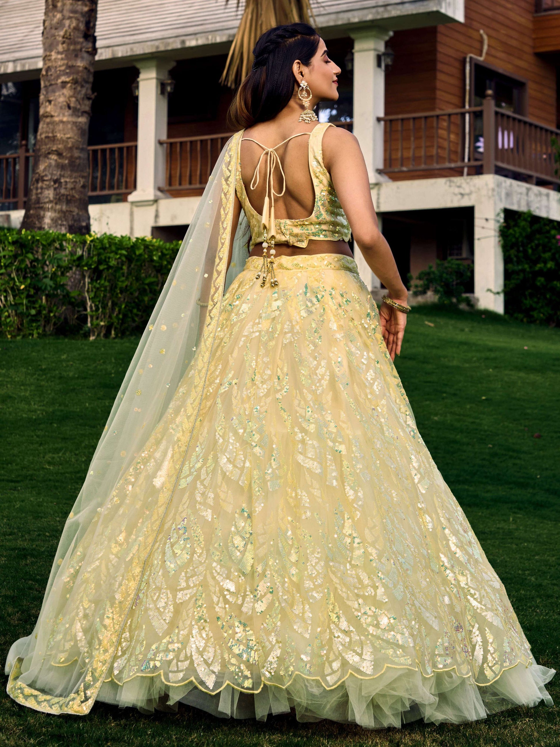 Jyoti Fashion Women's Yellow Soft Net Multi Sequins Thread Embroidered Lehenga Choli & Dupatta | Swadesiicart