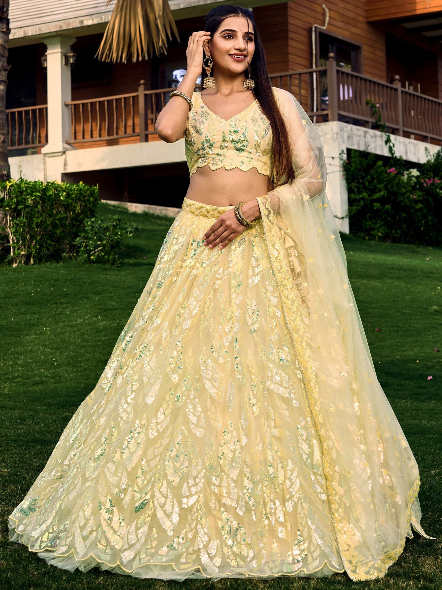 Jyoti Fashion Women's Yellow Soft Net Multi Sequins Thread Embroidered Lehenga Choli & Dupatta | Swadesiicart