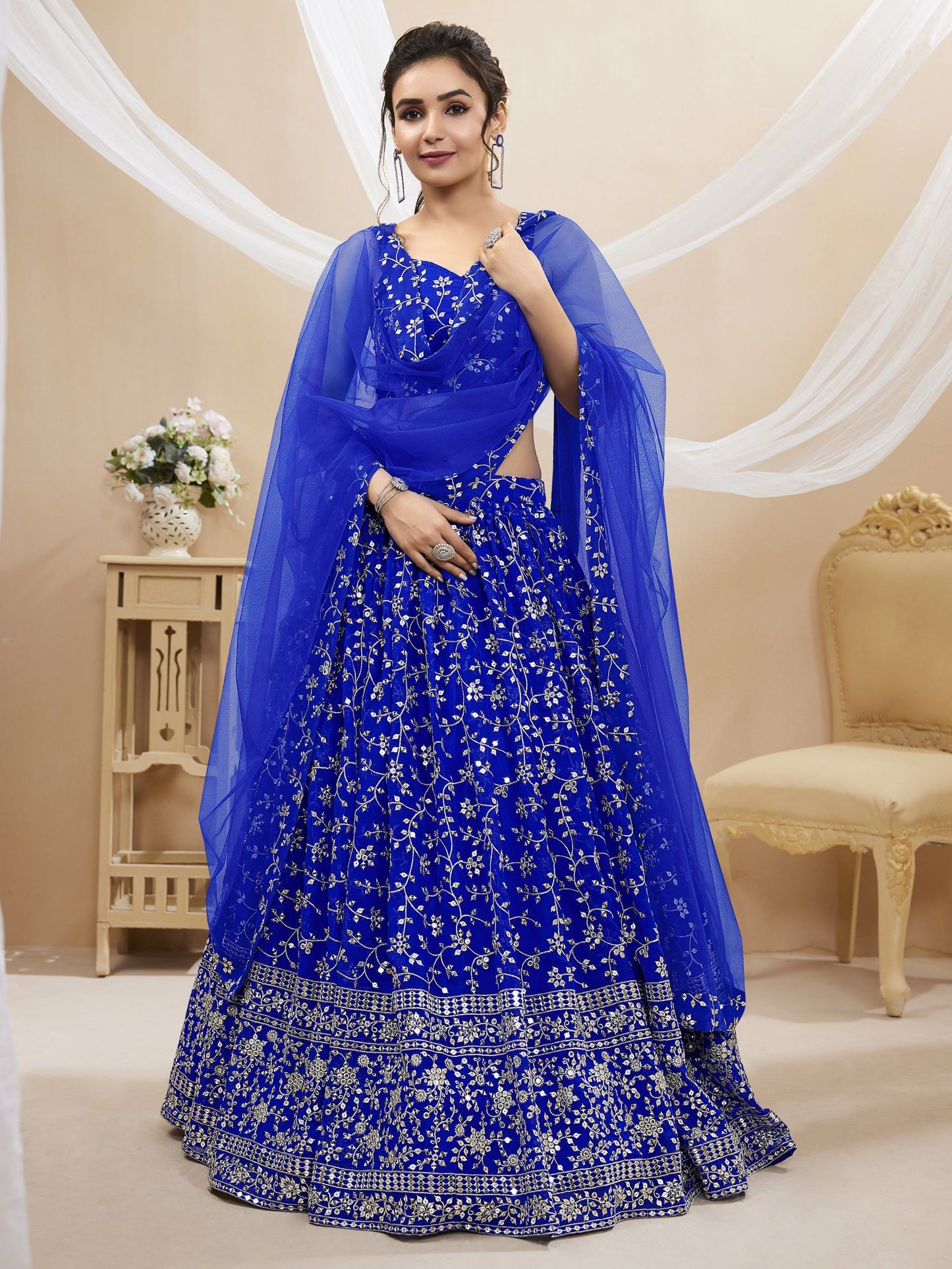Jyoti Fashion Women's Blue Georgette Sequins Zari Embroidered Lehenga Choli & Dupatta | Swadesiicart