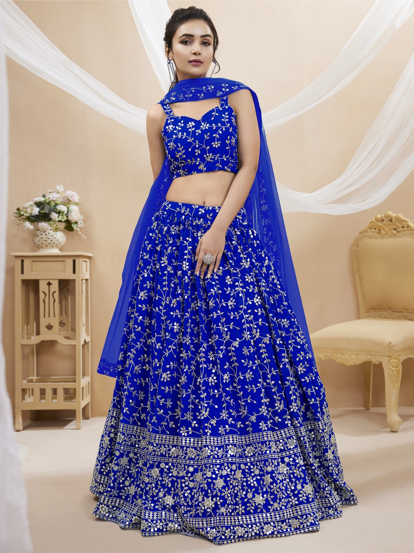 Jyoti Fashion Women's Blue Georgette Sequins Zari Embroidered Lehenga Choli & Dupatta | Swadesiicart