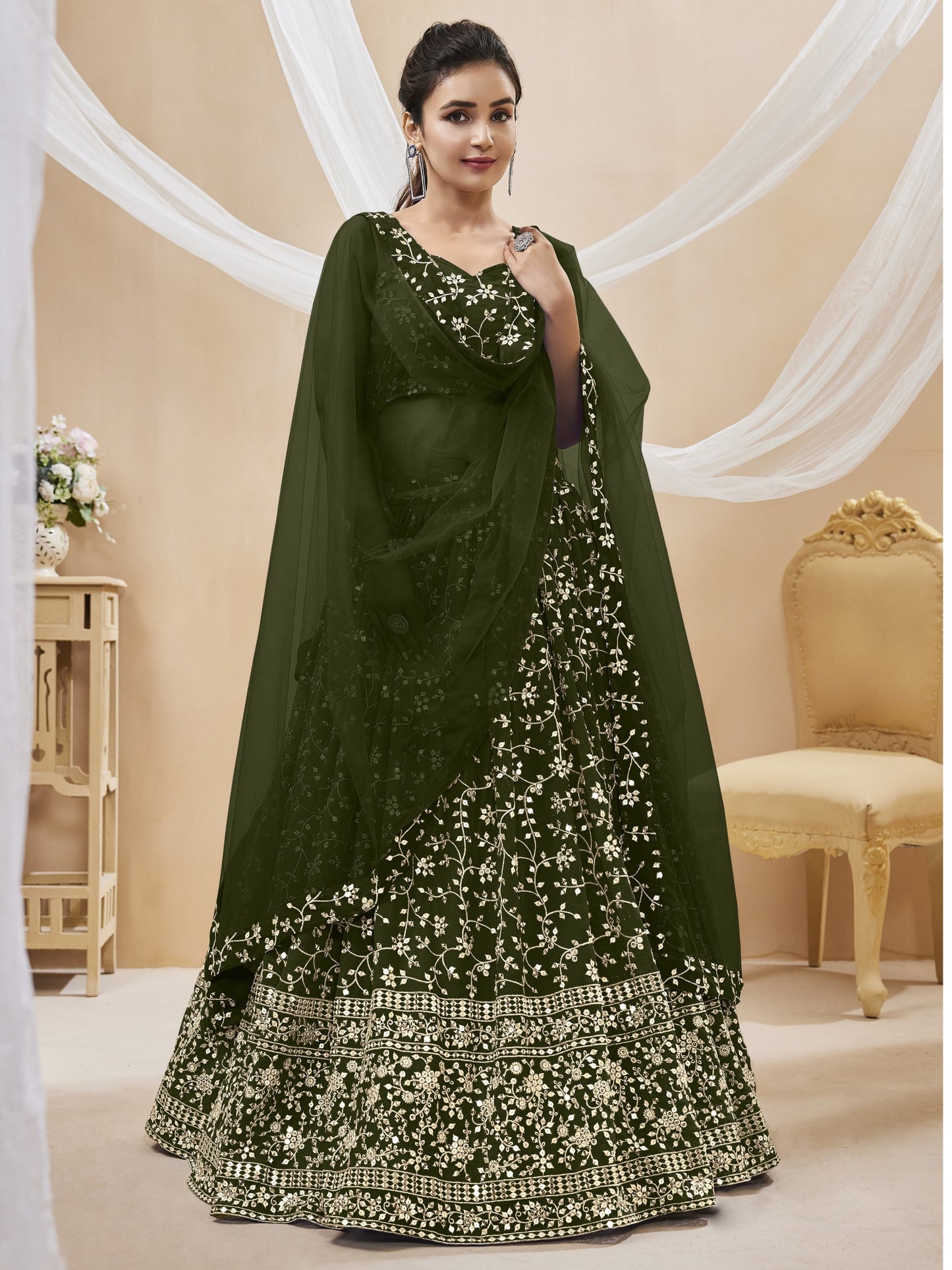 Jyoti Fashion Women's Green Georgette Sequins Zari Embroidered Lehenga Choli & Dupatta | Swadesiicart