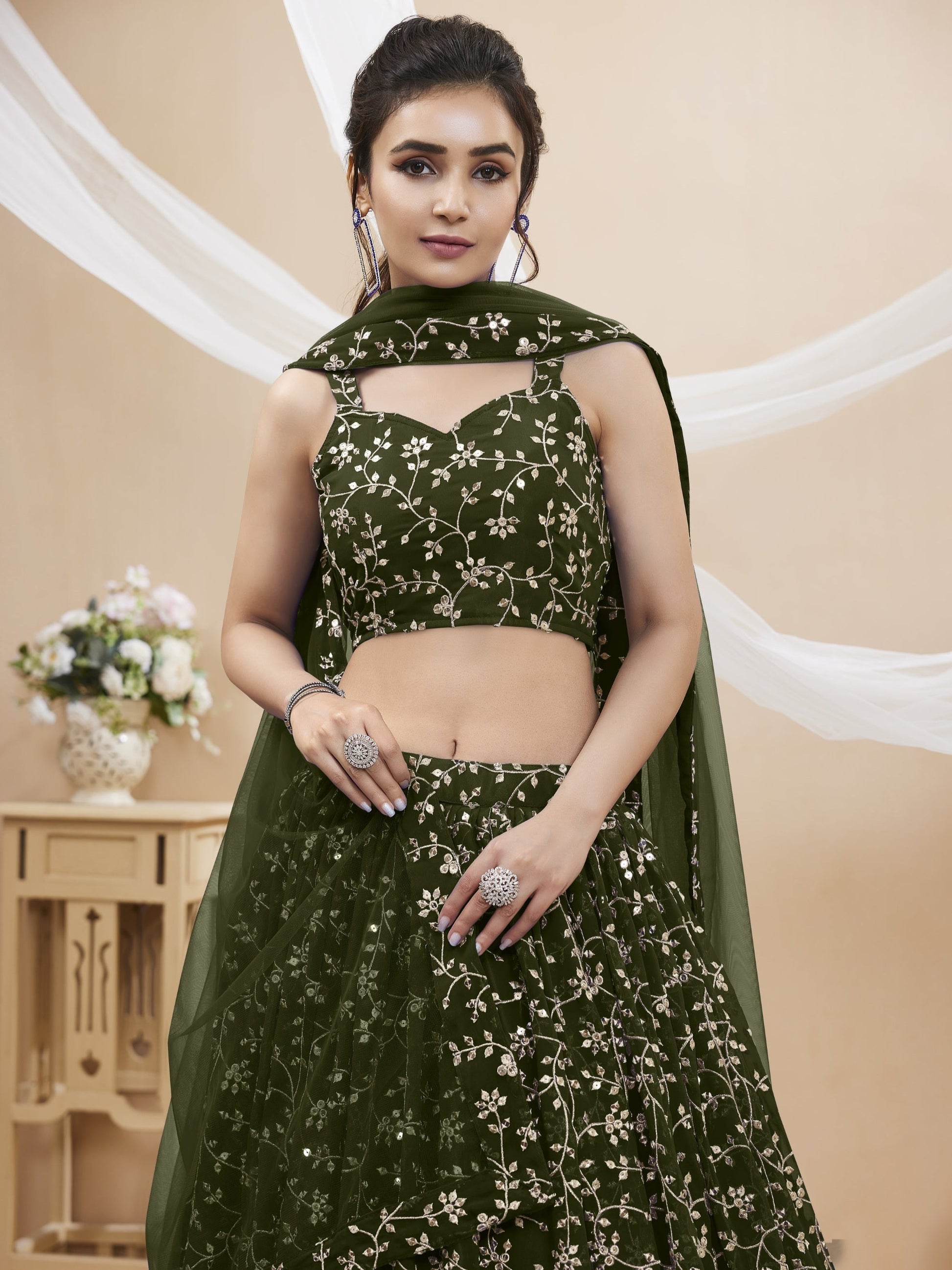 Jyoti Fashion Women's Green Georgette Sequins Zari Embroidered Lehenga Choli & Dupatta | Swadesiicart