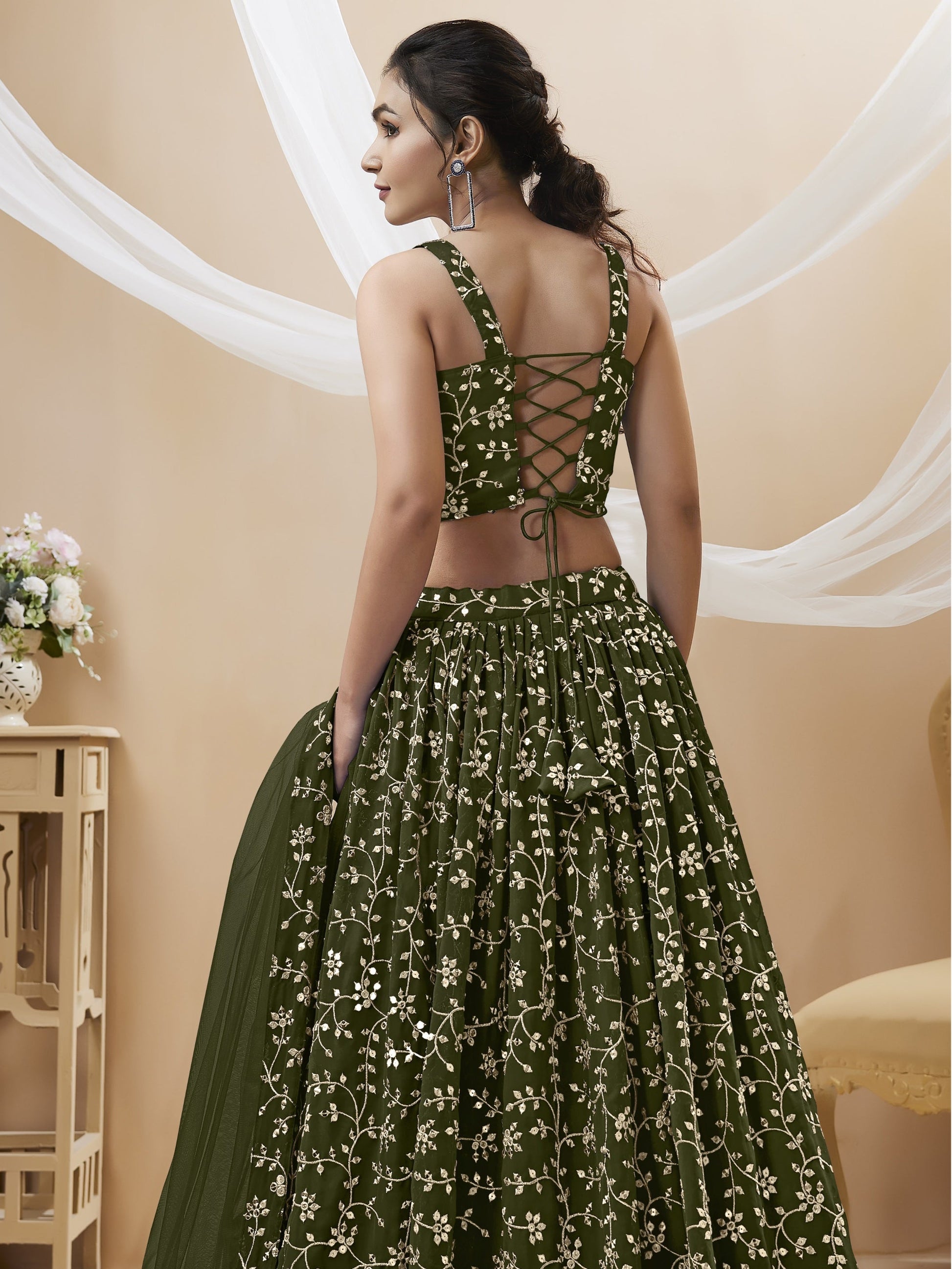 Jyoti Fashion Women's Green Georgette Sequins Zari Embroidered Lehenga Choli & Dupatta | Swadesiicart
