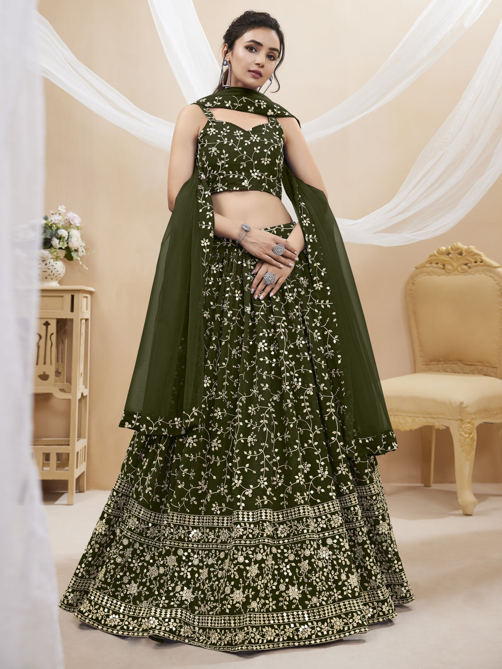 Jyoti Fashion Women's Green Georgette Sequins Zari Embroidered Lehenga Choli & Dupatta | Swadesiicart