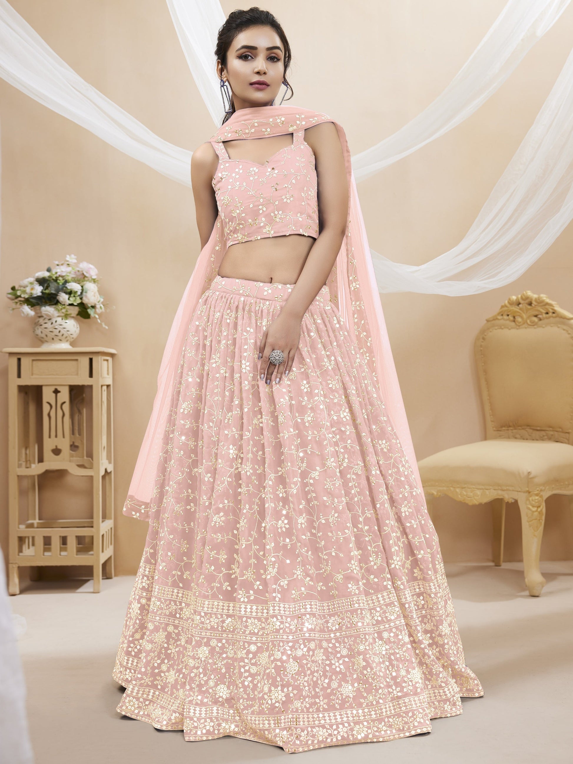 Jyoti Fashion Women's Baby Pink Georgette Sequins Zari Embroidered Lehenga Choli & Dupatta | Swadesiicart