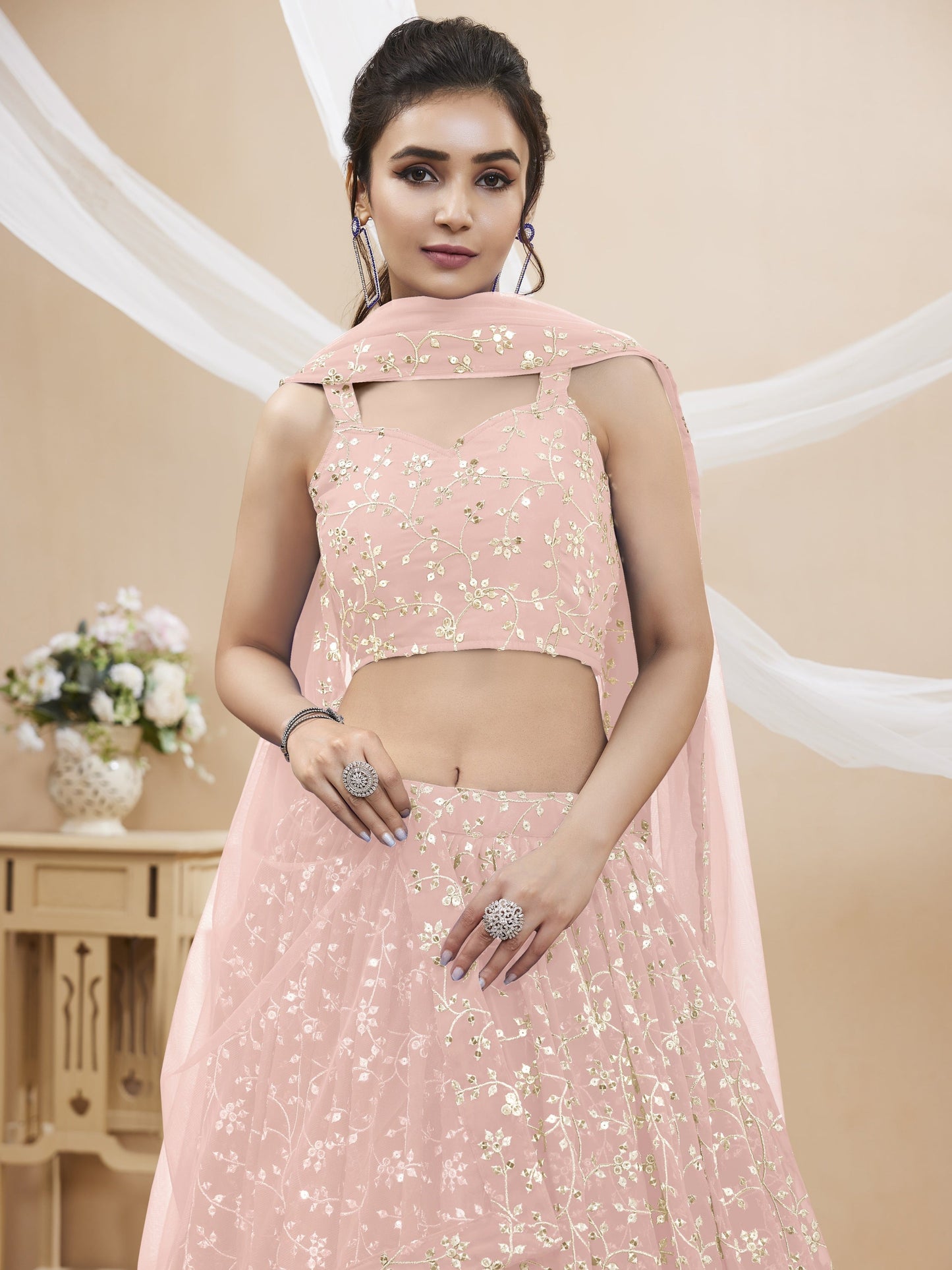 Jyoti Fashion Women's Baby Pink Georgette Sequins Zari Embroidered Lehenga Choli & Dupatta | Swadesiicart