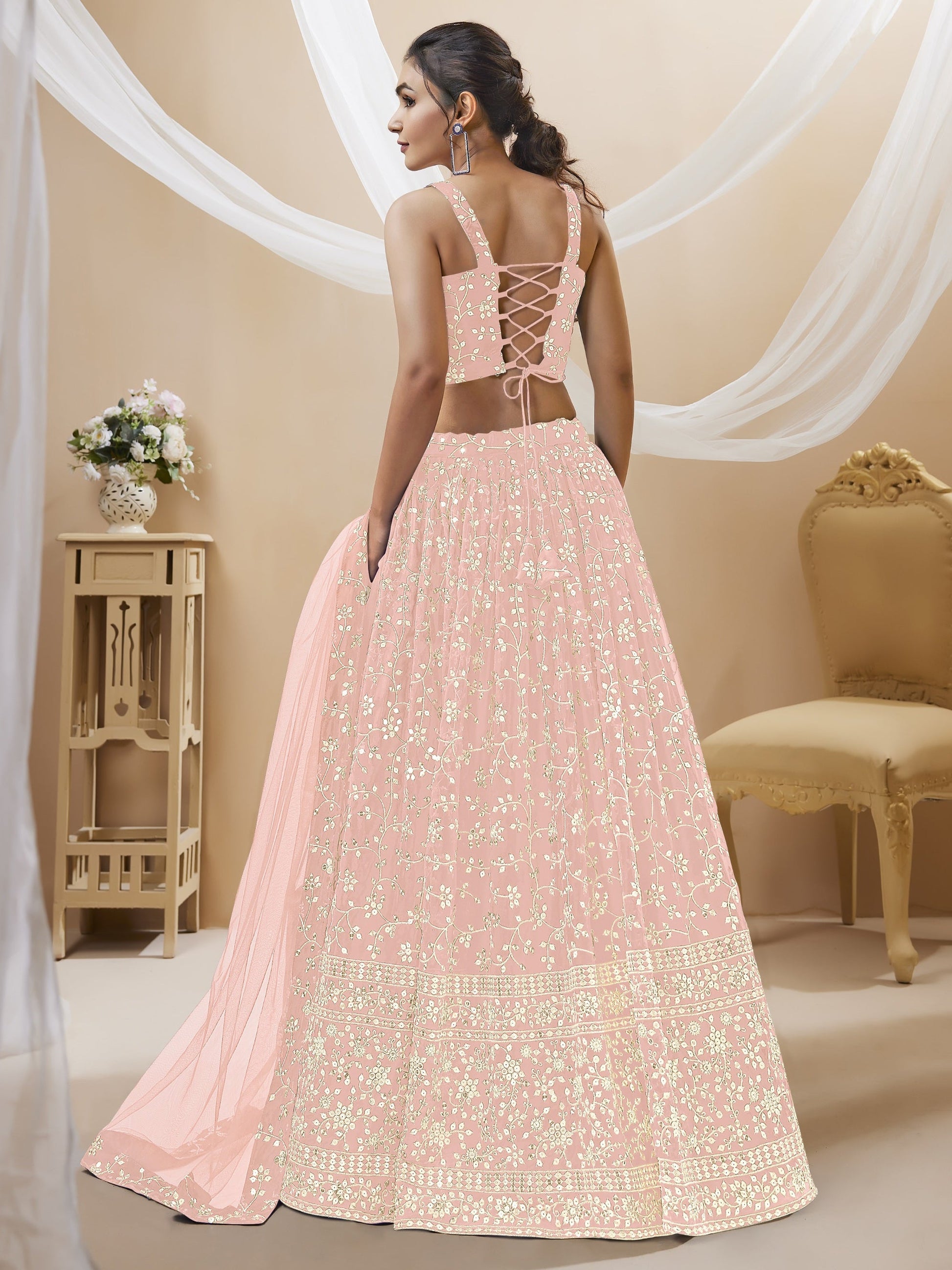Jyoti Fashion Women's Baby Pink Georgette Sequins Zari Embroidered Lehenga Choli & Dupatta | Swadesiicart