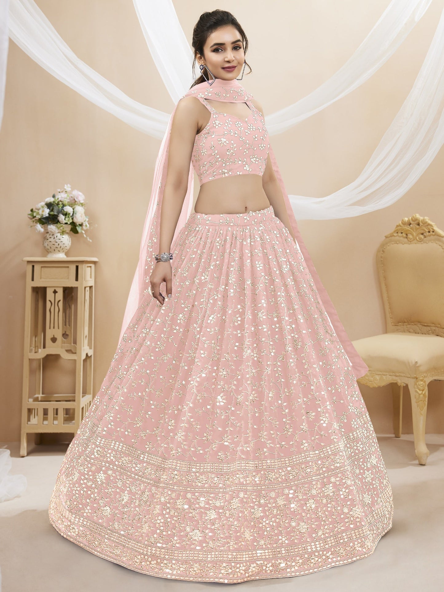 Jyoti Fashion Women's Baby Pink Georgette Sequins Zari Embroidered Lehenga Choli & Dupatta | Swadesiicart
