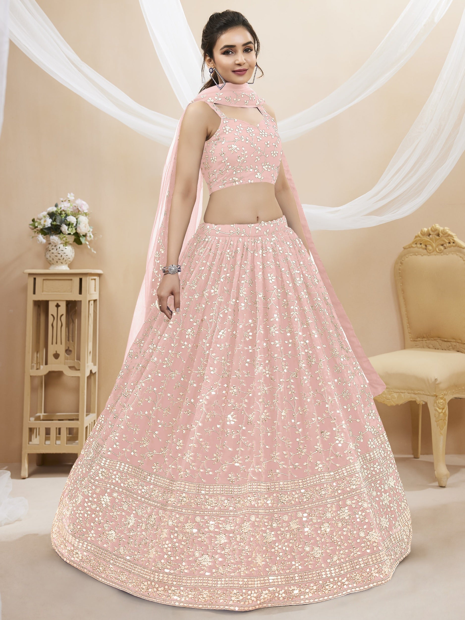 Jyoti Fashion Women's Baby Pink Georgette Sequins Zari Embroidered Lehenga Choli & Dupatta | Swadesiicart