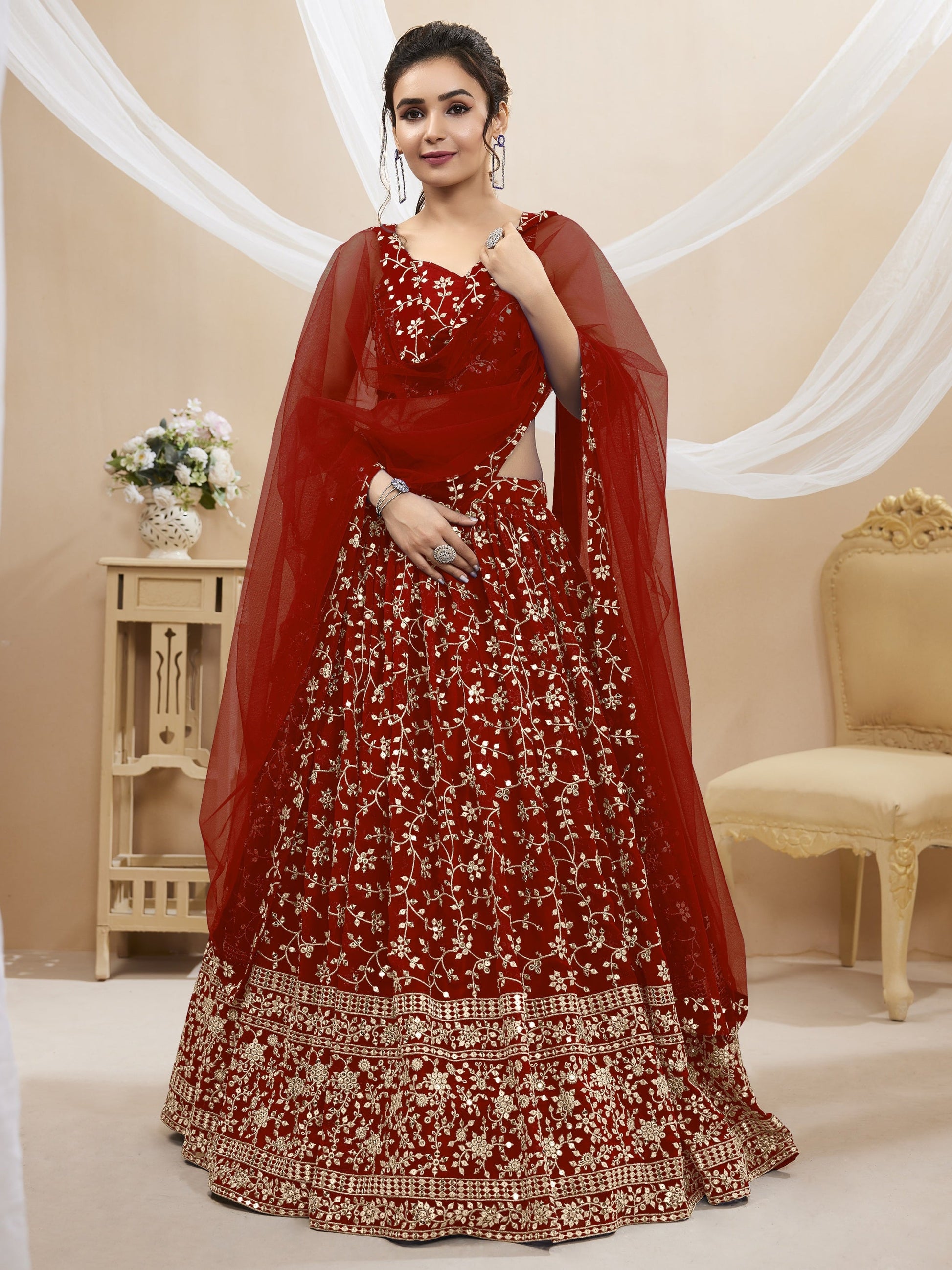 Jyoti Fashion Women's Maroon Georgette Sequins Zari Embroidered Lehenga Choli & Dupatta | Swadesiicart
