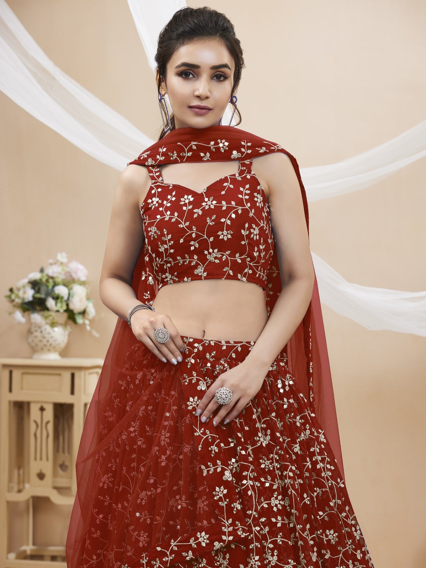 Jyoti Fashion Women's Maroon Georgette Sequins Zari Embroidered Lehenga Choli & Dupatta | Swadesiicart