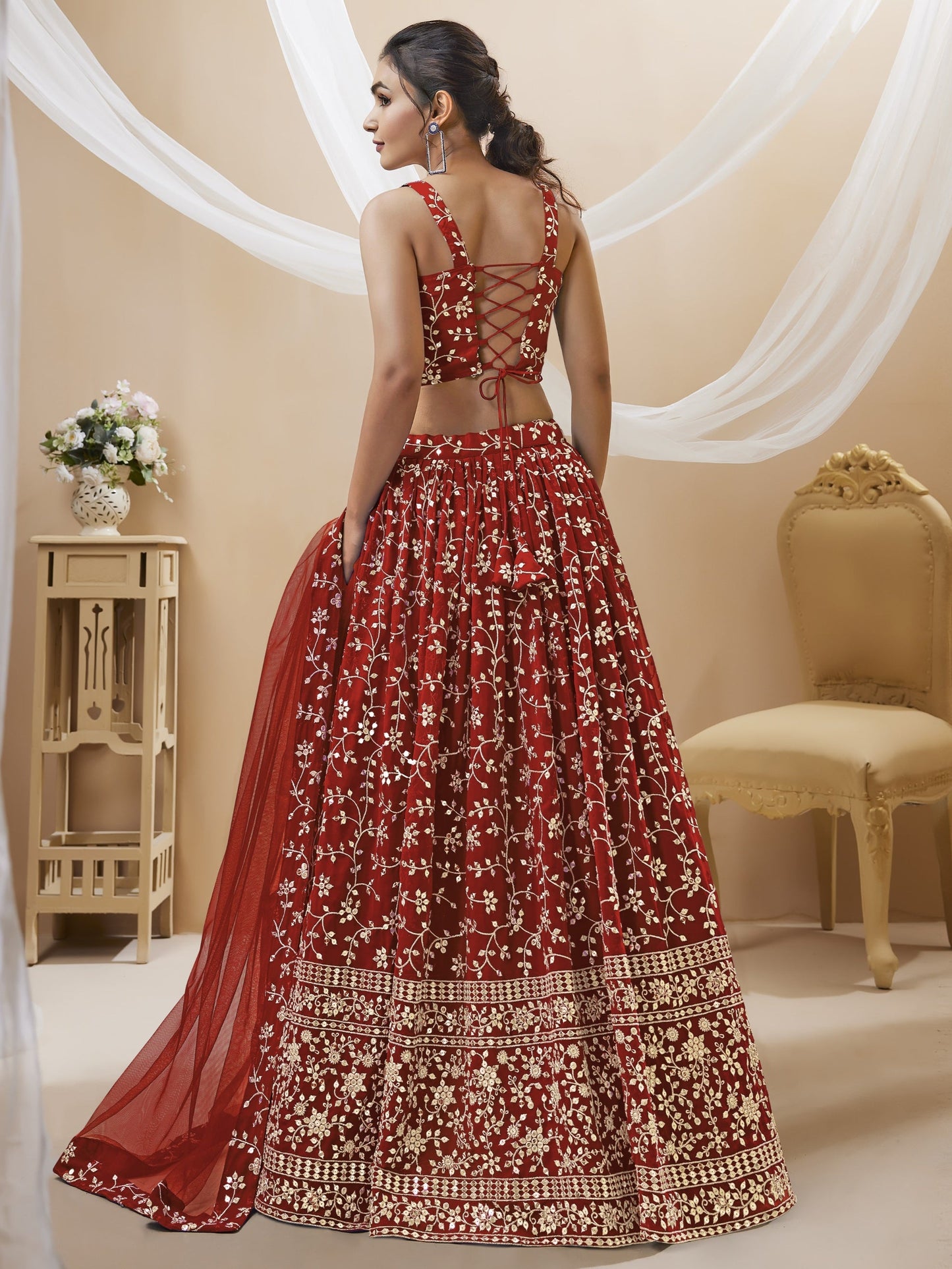 Jyoti Fashion Women's Maroon Georgette Sequins Zari Embroidered Lehenga Choli & Dupatta | Swadesiicart