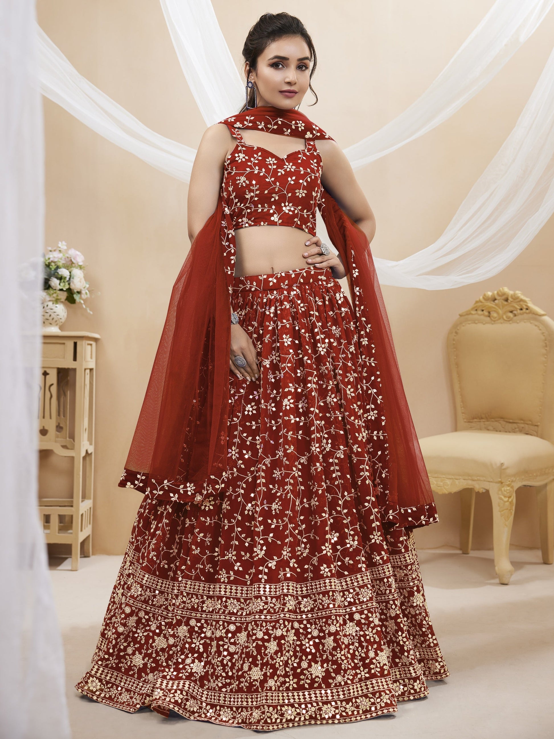 Jyoti Fashion Women's Maroon Georgette Sequins Zari Embroidered Lehenga Choli & Dupatta | Swadesiicart