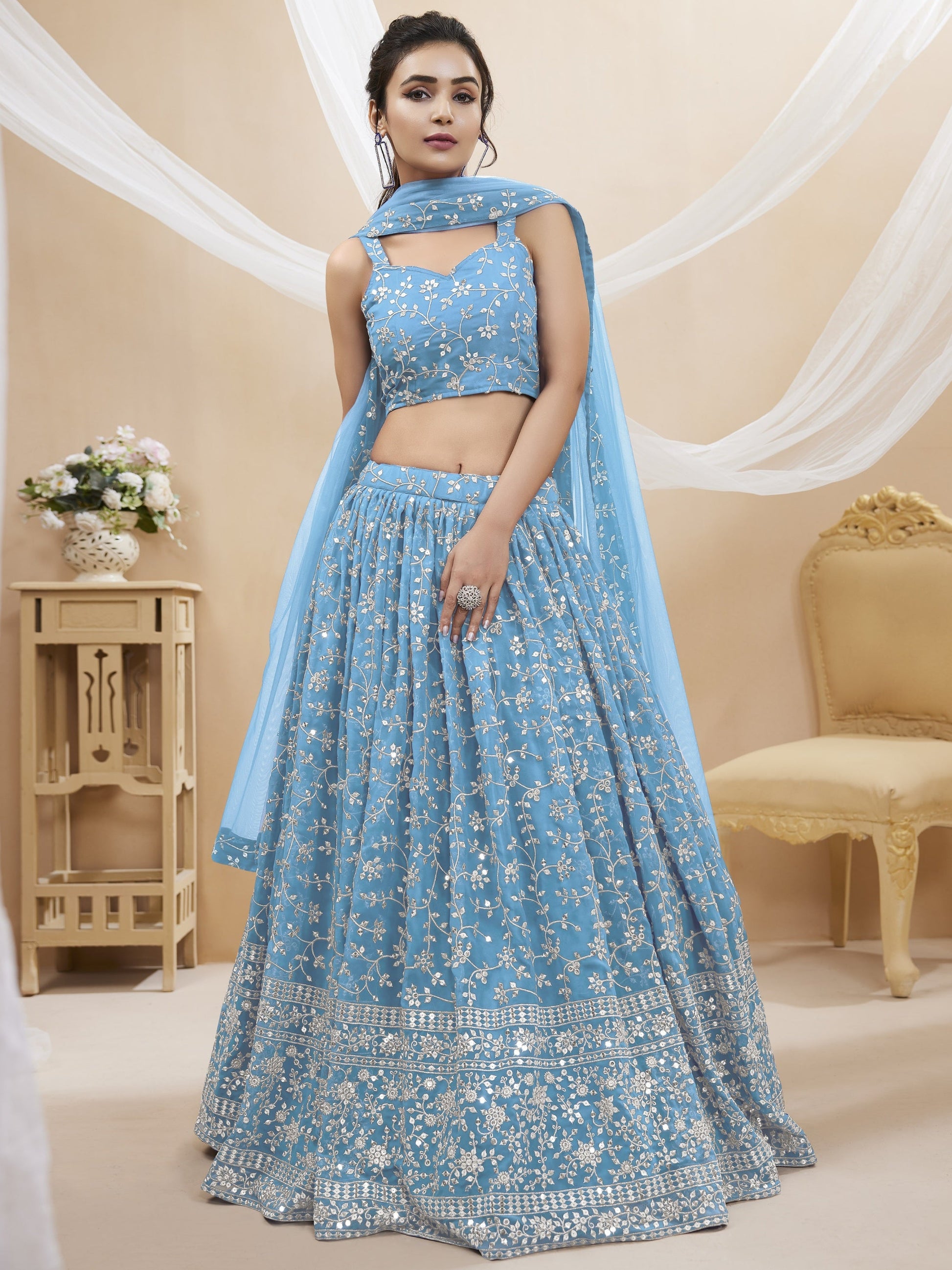 Jyoti Fashion Women's Sky Blue Georgette Sequins Zari Embroidered Lehenga Choli & Dupatta | Swadesiicart