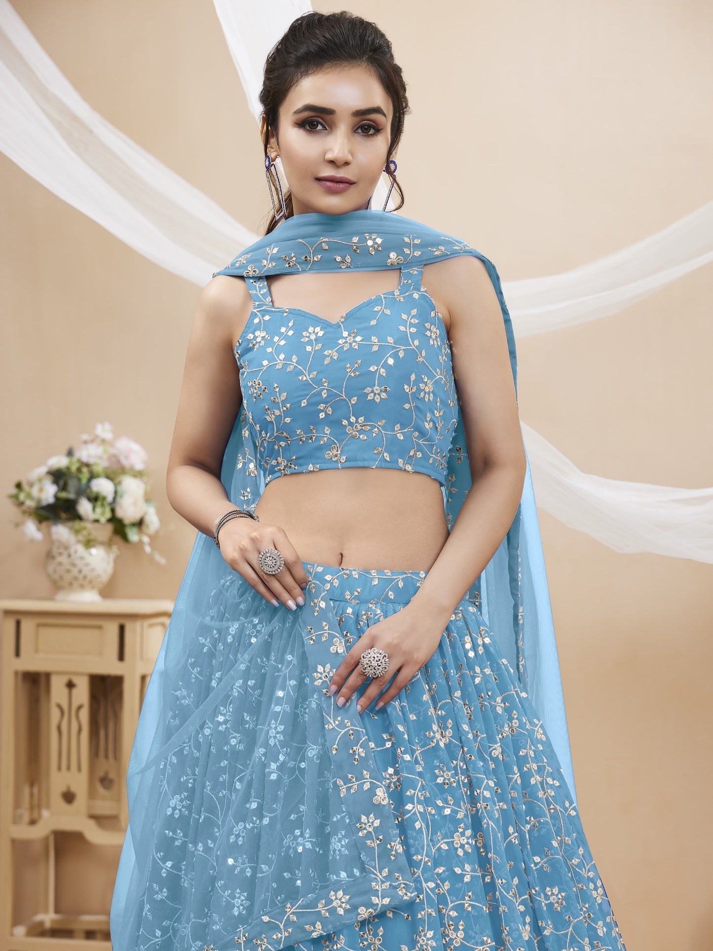 Jyoti Fashion Women's Sky Blue Georgette Sequins Zari Embroidered Lehenga Choli & Dupatta | Swadesiicart