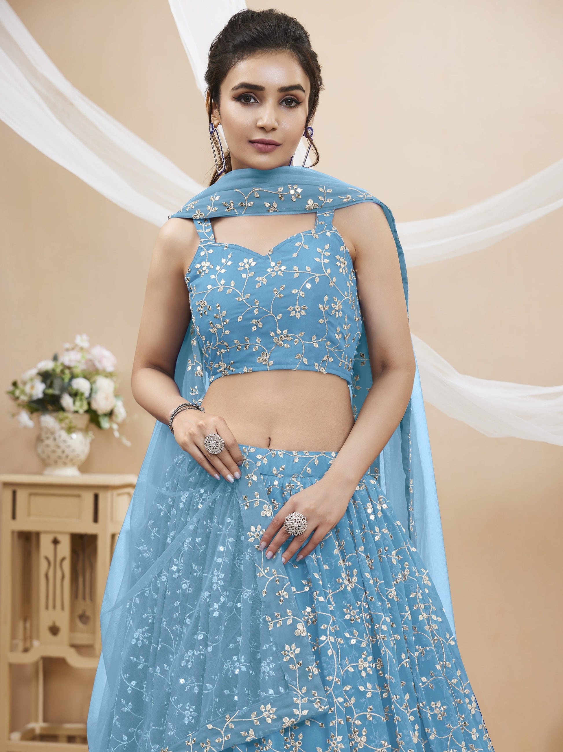 Jyoti Fashion Women's Sky Blue Georgette Sequins Zari Embroidered Lehenga Choli & Dupatta | Swadesiicart