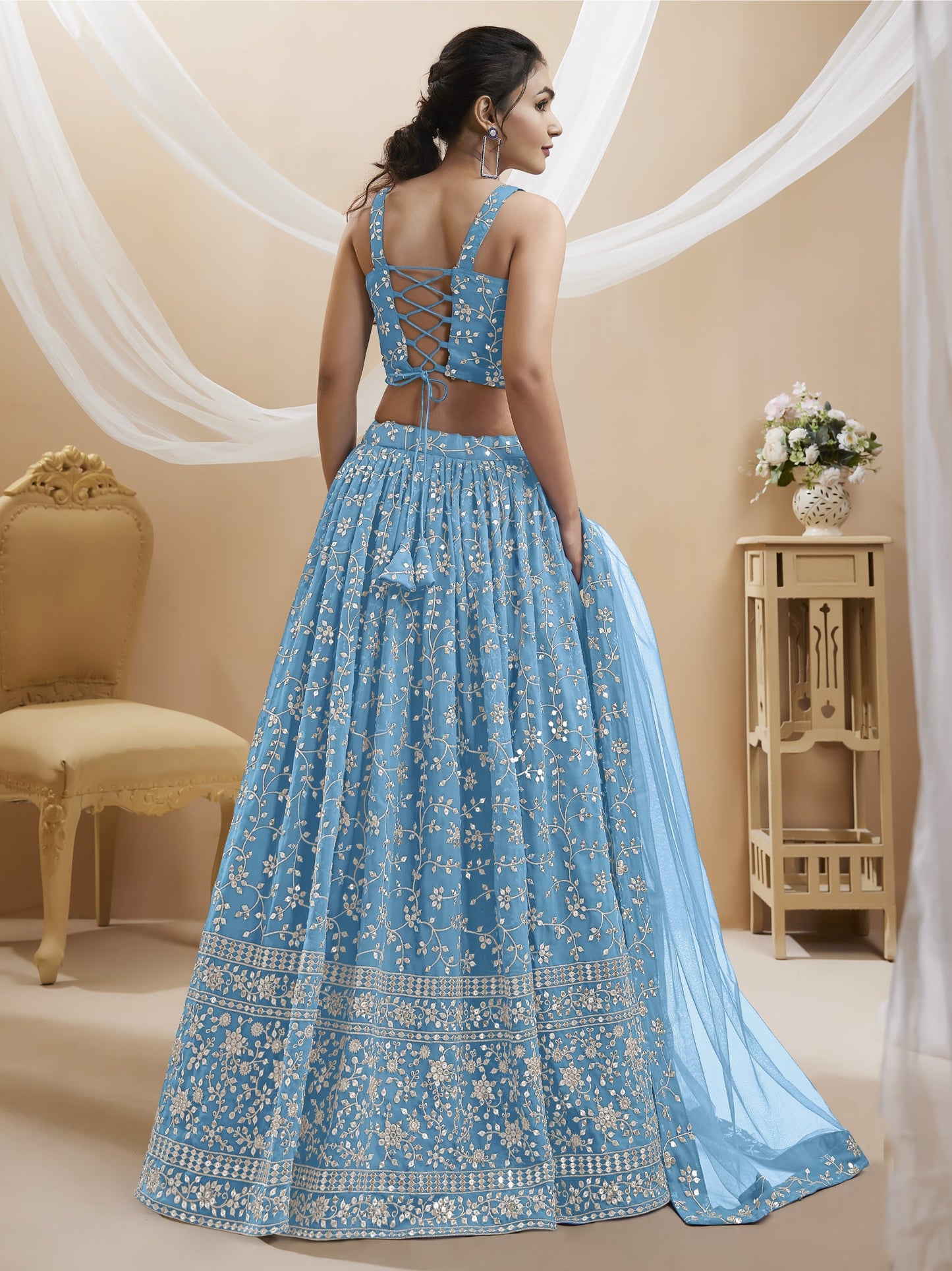 Jyoti Fashion Women's Sky Blue Georgette Sequins Zari Embroidered Lehenga Choli & Dupatta | Swadesiicart