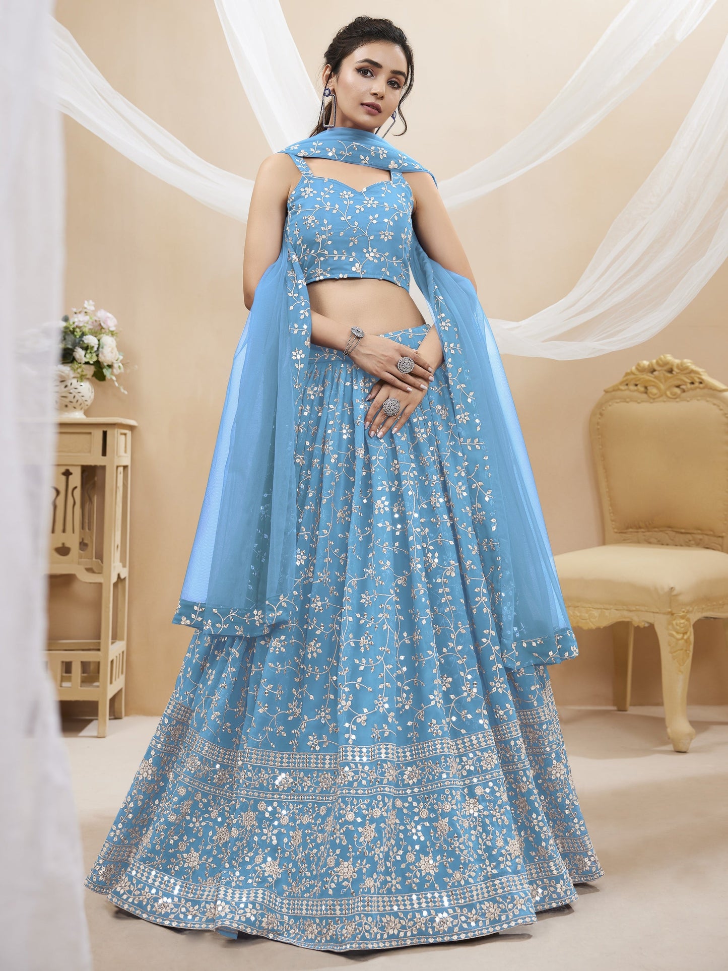 Jyoti Fashion Women's Sky Blue Georgette Sequins Zari Embroidered Lehenga Choli & Dupatta | Swadesiicart