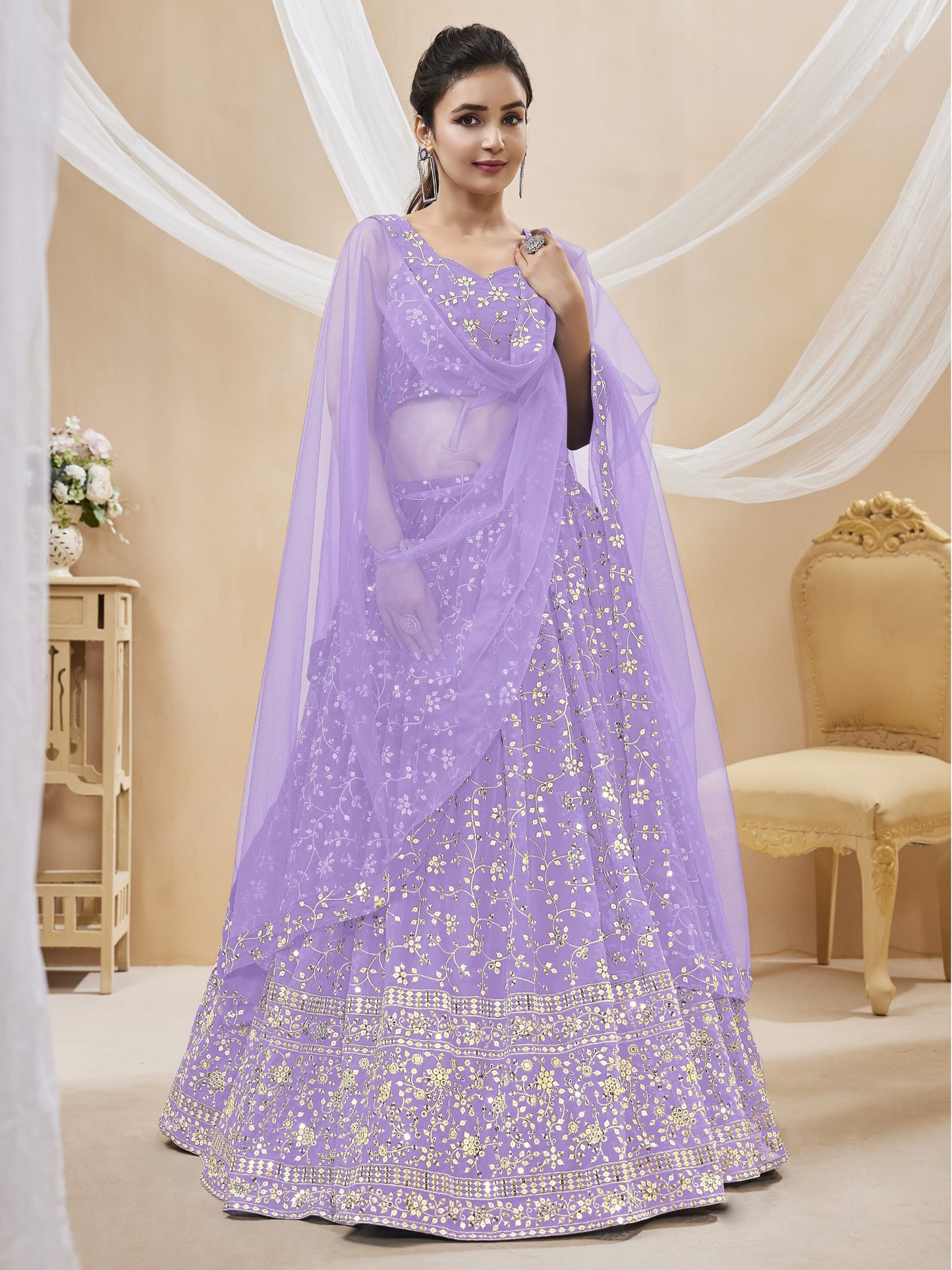 Jyoti Fashion Women's Lavender Georgette Sequins Zari Embroidered Lehenga Choli & Dupatta | Swadesiicart