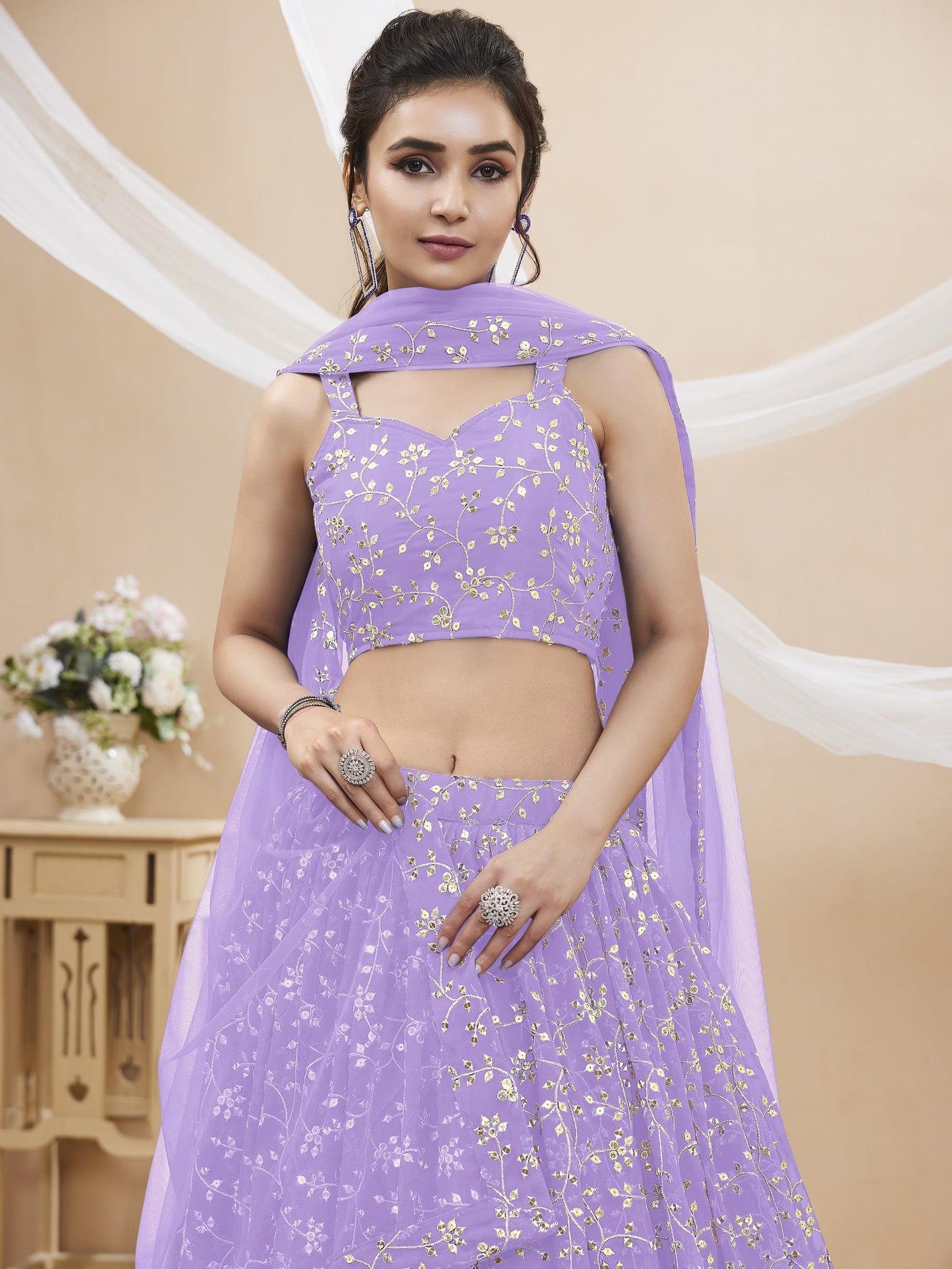 Jyoti Fashion Women's Lavender Georgette Sequins Zari Embroidered Lehenga Choli & Dupatta | Swadesiicart