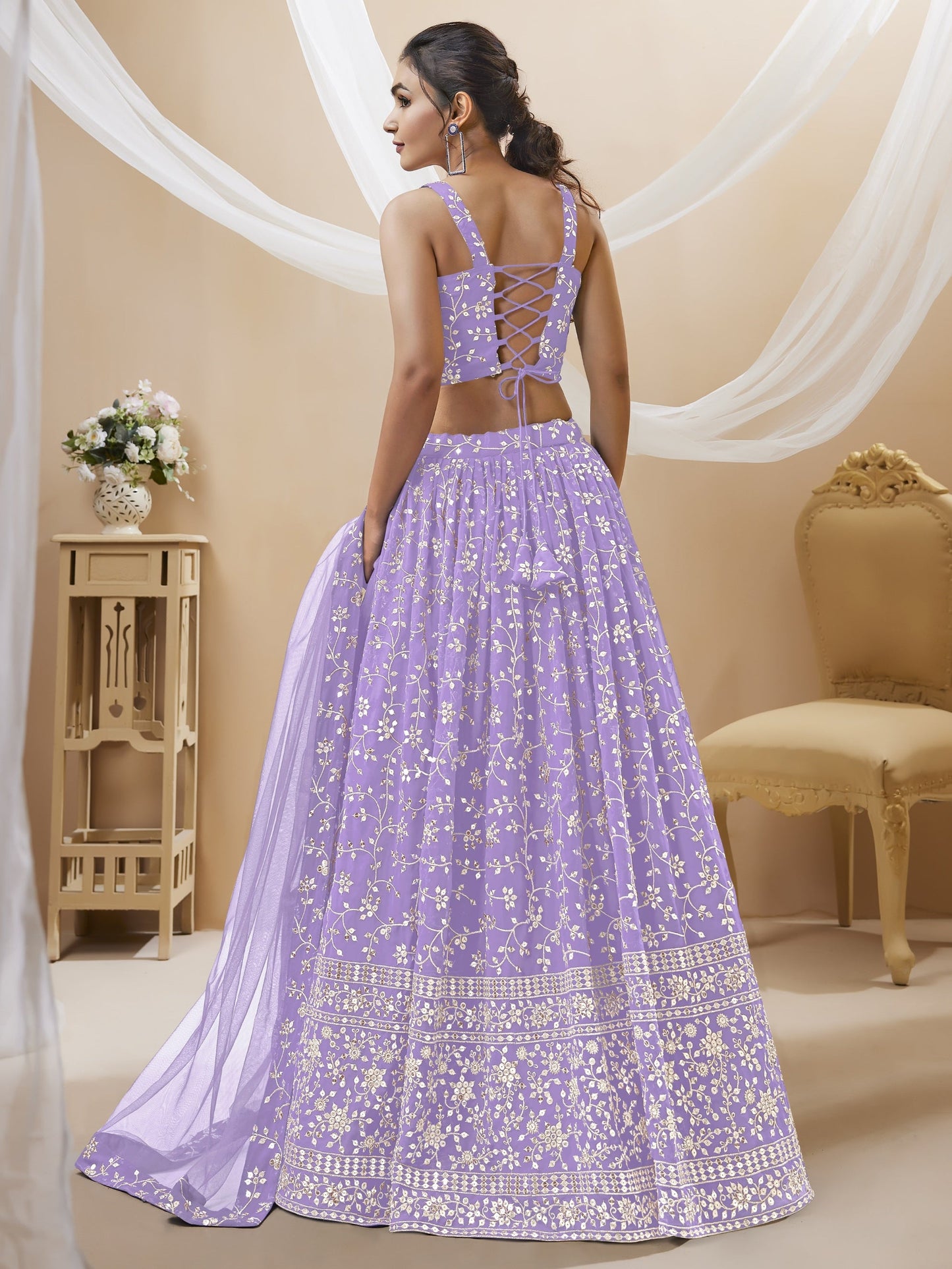 Jyoti Fashion Women's Lavender Georgette Sequins Zari Embroidered Lehenga Choli & Dupatta | Swadesiicart
