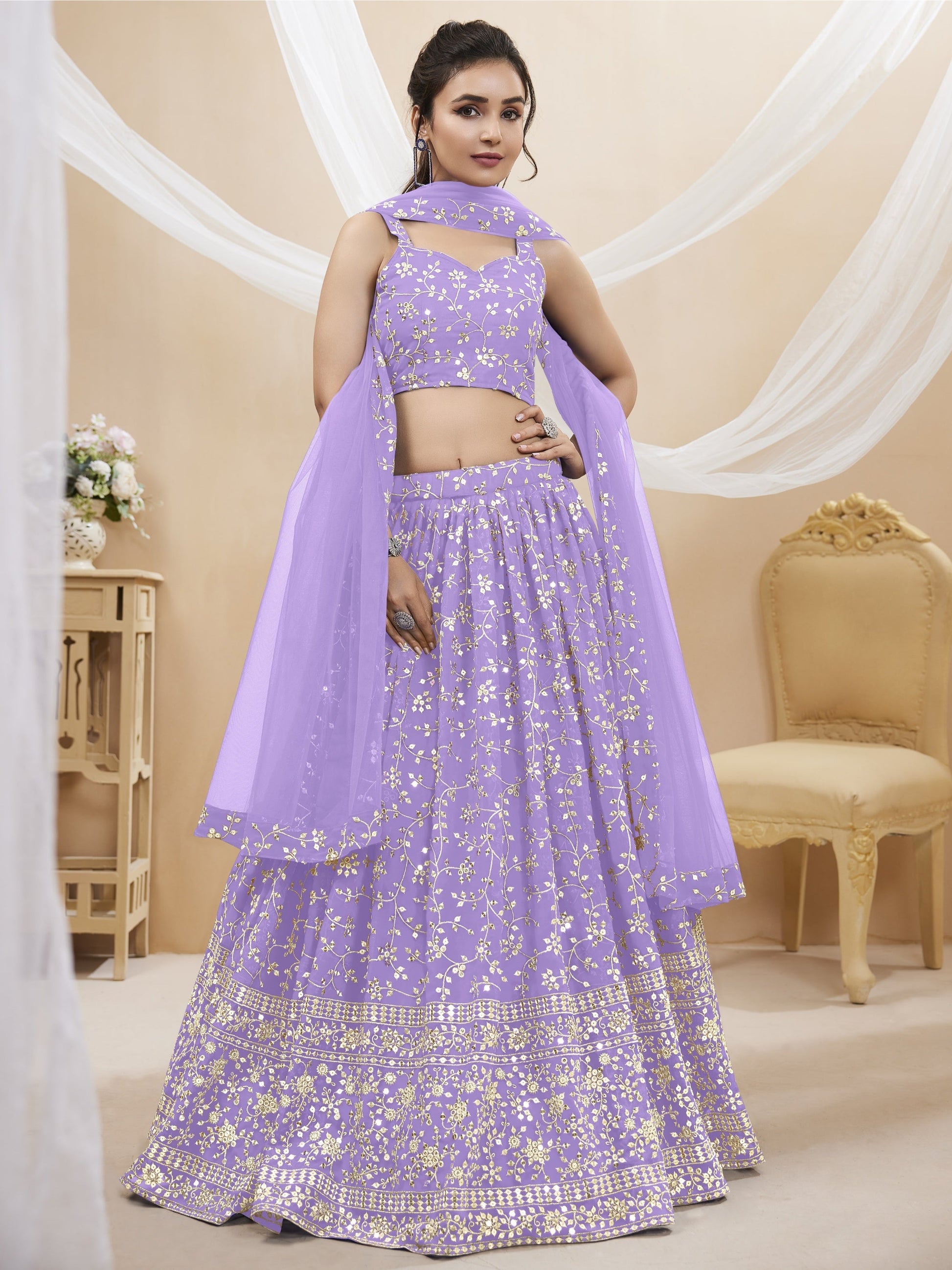 Jyoti Fashion Women's Lavender Georgette Sequins Zari Embroidered Lehenga Choli & Dupatta | Swadesiicart