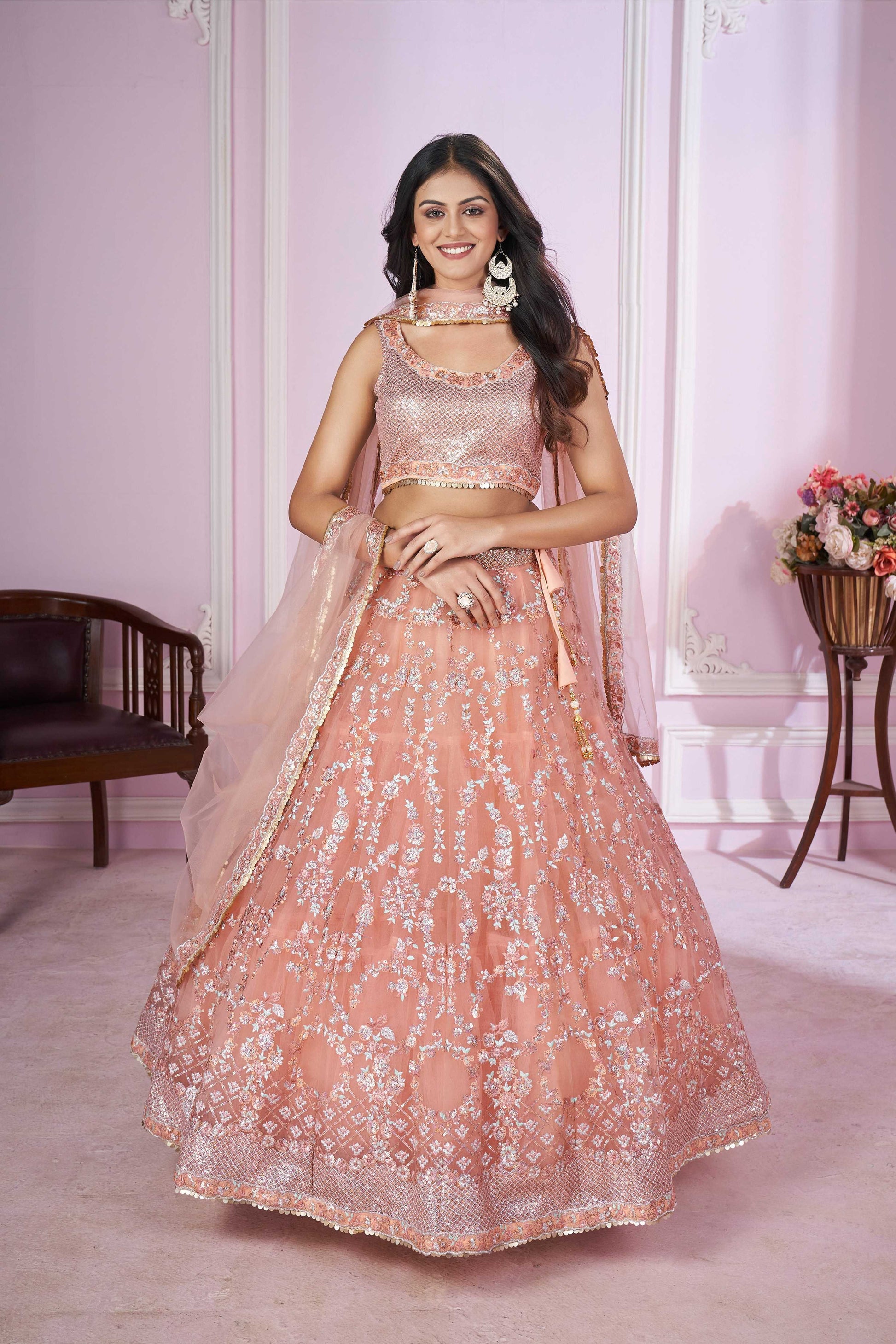 Jyoti Fashion Women's Baby Pink Soft Net Sequins Thread Embroidered Lehenga Choli & Dupatta | Swadesiicart