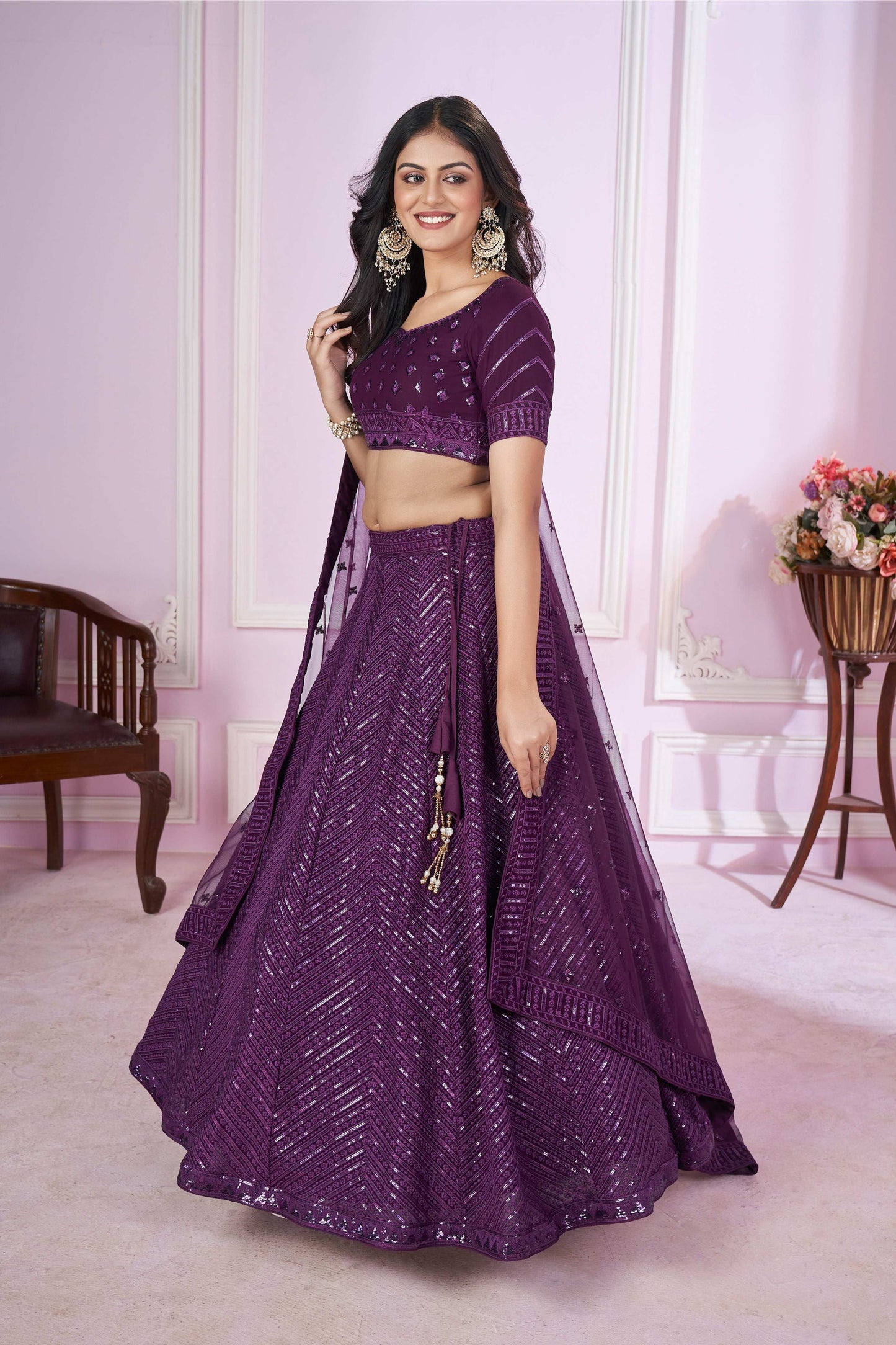 Jyoti Fashion Women's Purple Georgette Sequins Thread Embroidered Lehenga Choli & Dupatta | Swadesiicart