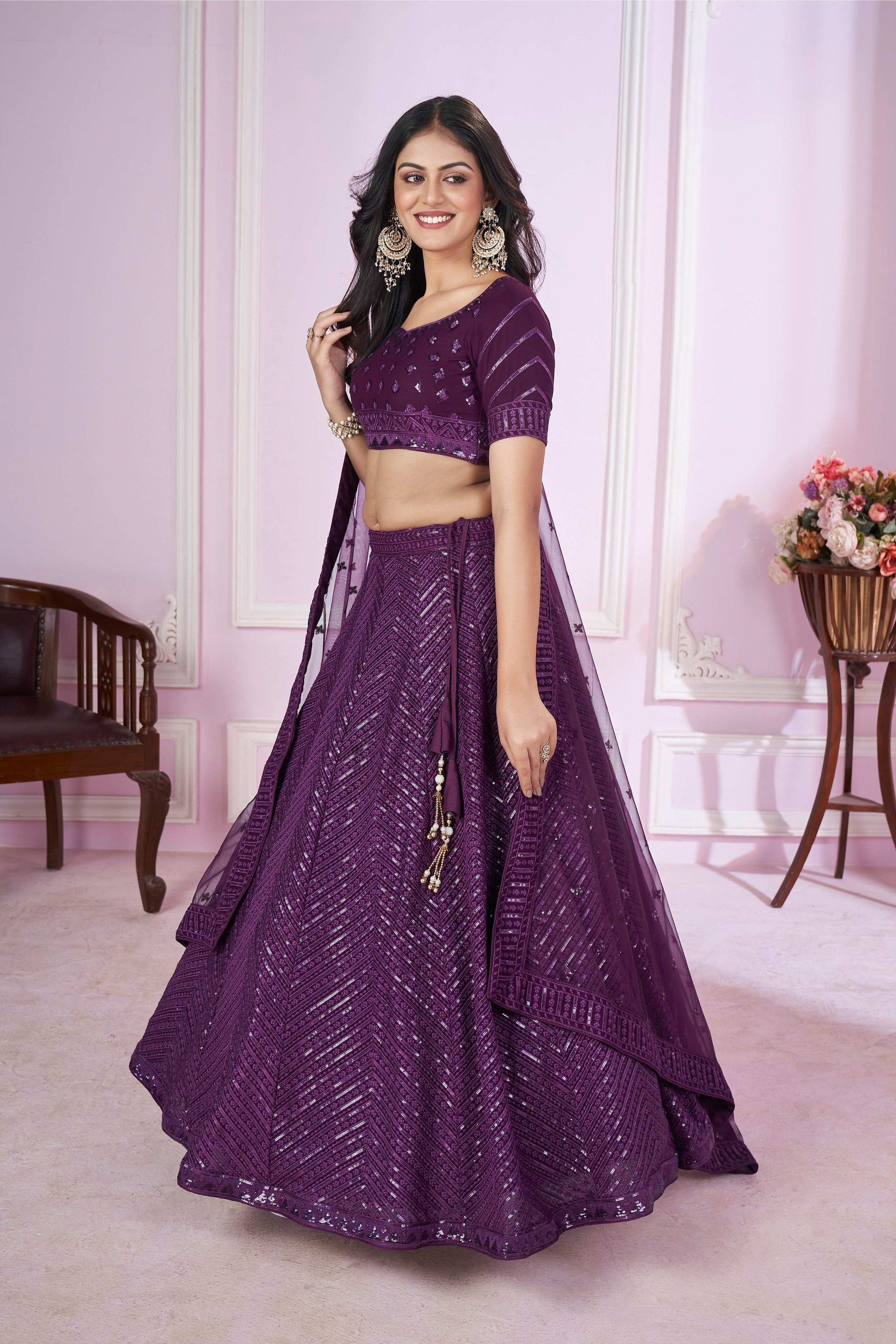 Jyoti Fashion Women's Purple Georgette Sequins Thread Embroidered Lehenga Choli & Dupatta | Swadesiicart