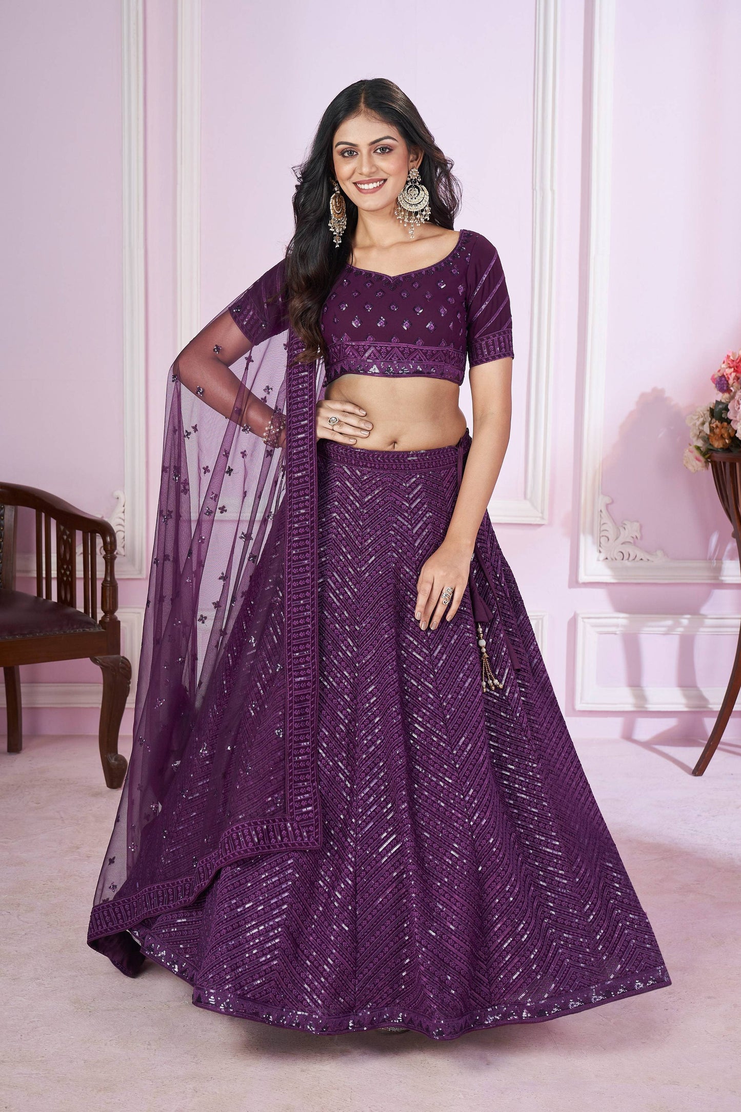 Jyoti Fashion Women's Purple Georgette Sequins Thread Embroidered Lehenga Choli & Dupatta | Swadesiicart
