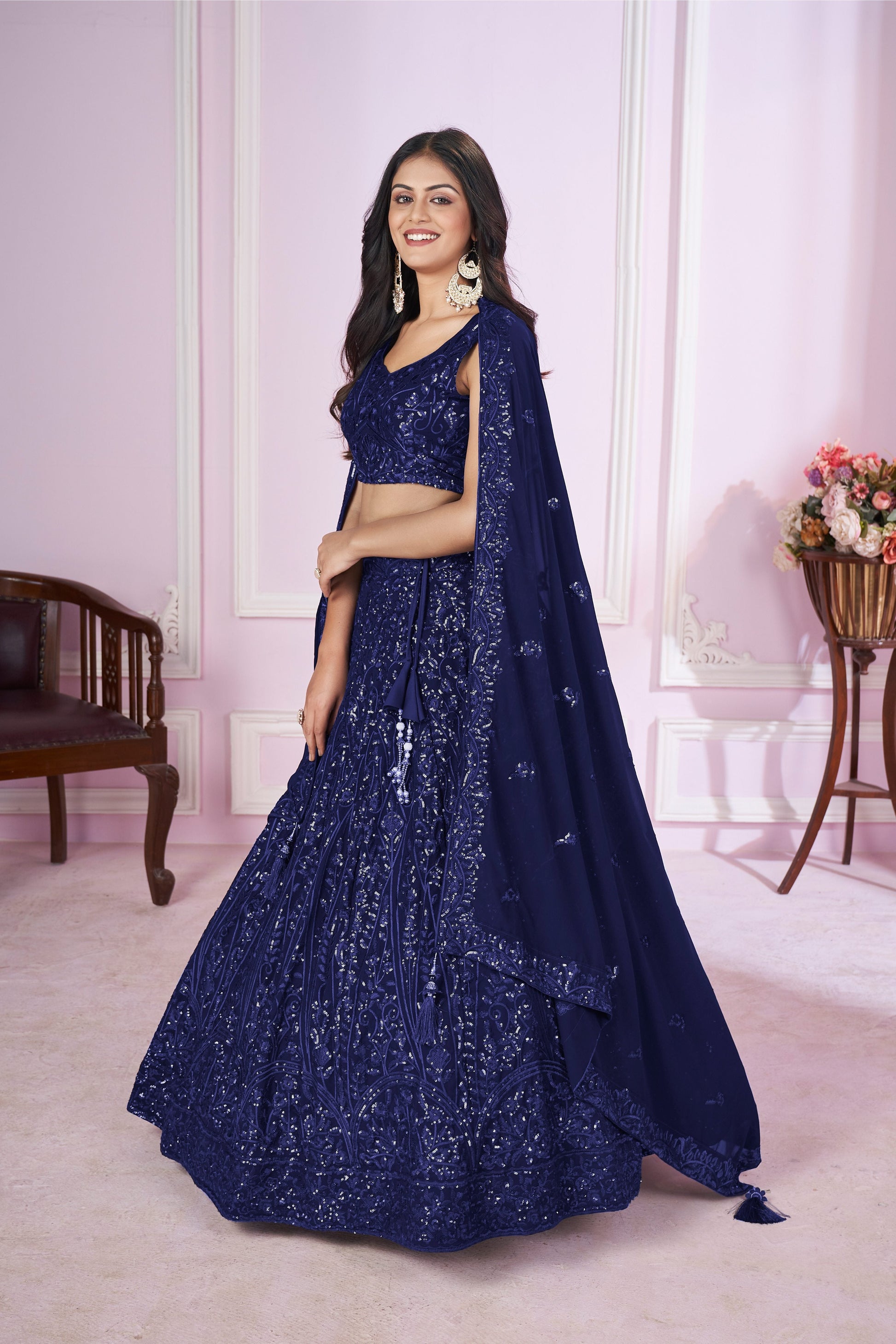 Jyoti Fashion Women's Navy Blue Georgette Sequins Thread Embroidered Lehenga Choli & Dupatta | Swadesiicart