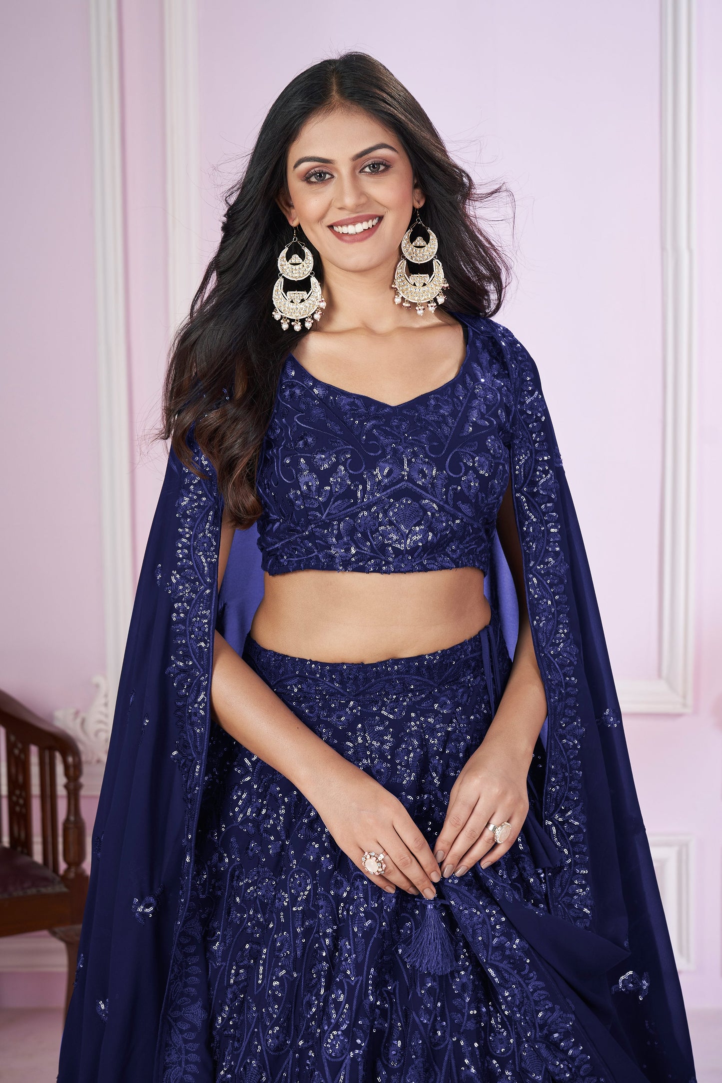 Jyoti Fashion Women's Navy Blue Georgette Sequins Thread Embroidered Lehenga Choli & Dupatta | Swadesiicart