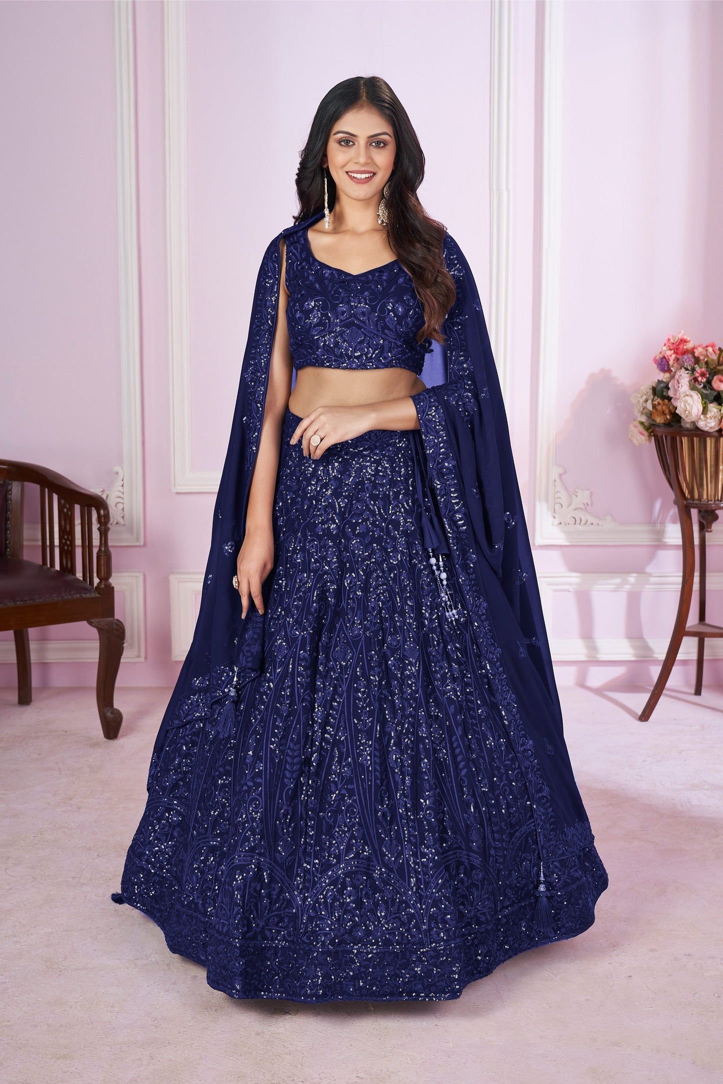 Jyoti Fashion Women's Navy Blue Georgette Sequins Thread Embroidered Lehenga Choli & Dupatta | Swadesiicart