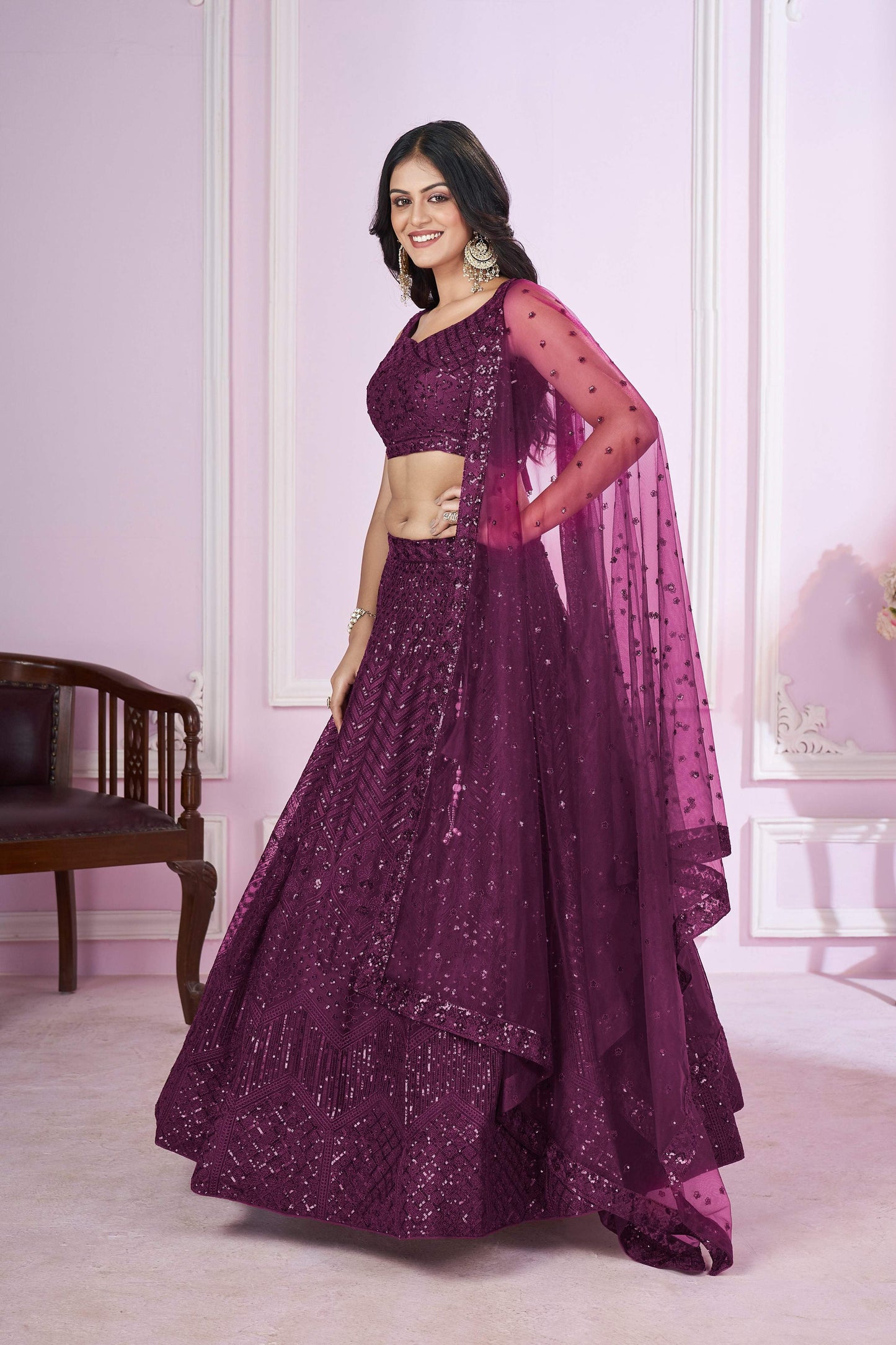 Jyoti Fashion Women's Wine Soft Net Sequins Thread Embroidered Lehenga Choli & Dupatta | Swadesiicart