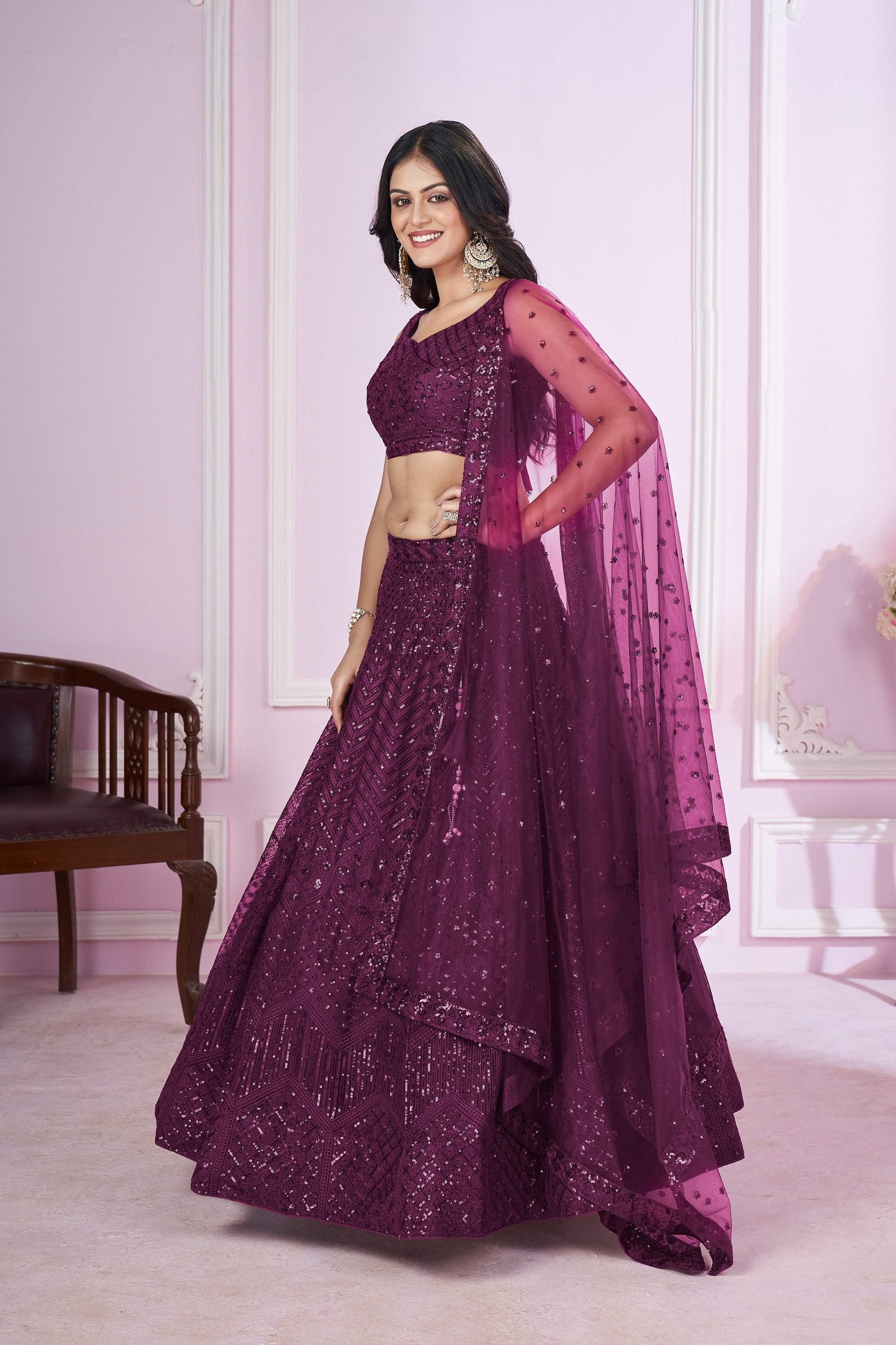 Jyoti Fashion Women's Wine Soft Net Sequins Thread Embroidered Lehenga Choli & Dupatta | Swadesiicart
